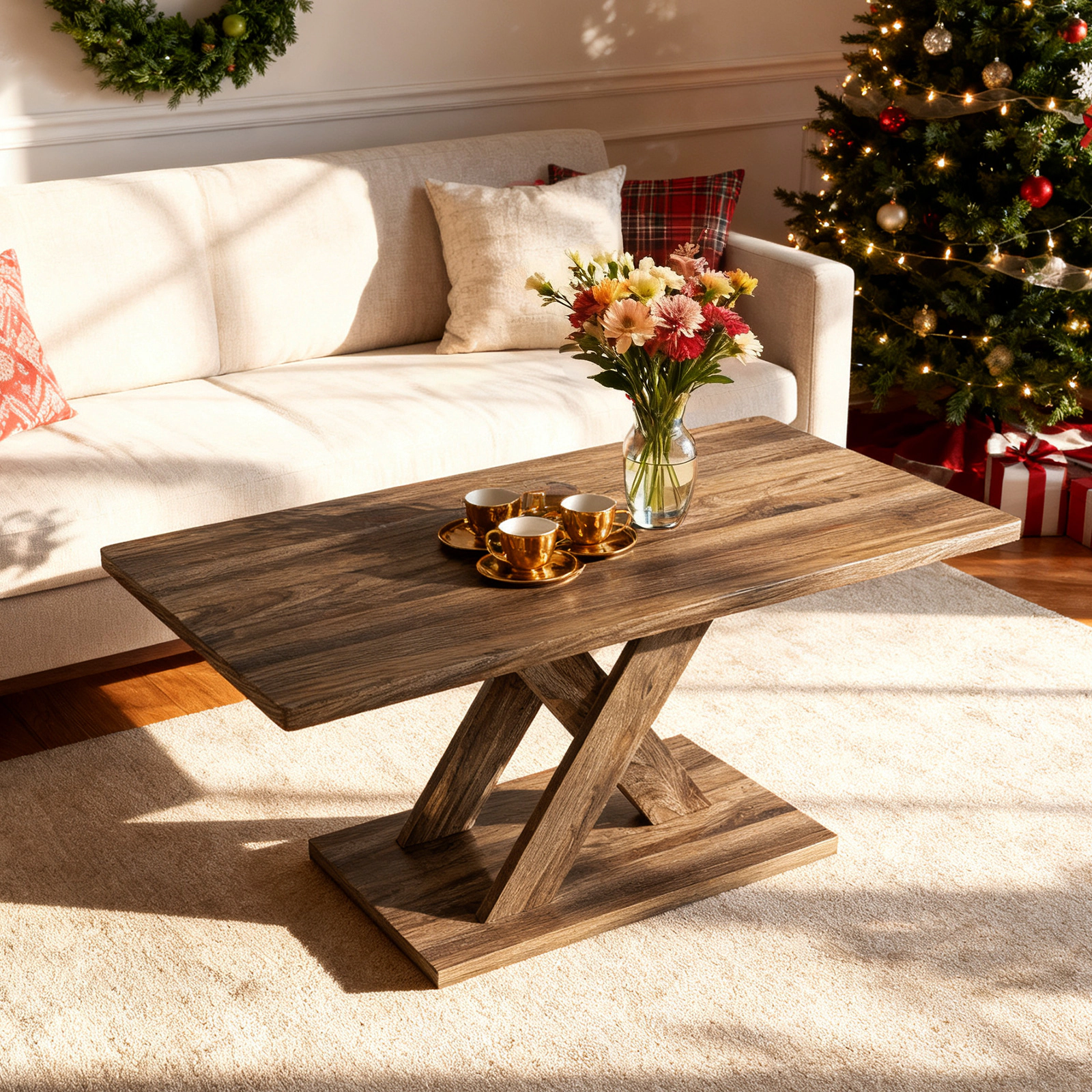 Glintex 37.5-Inch Rectangular Coffee Table with Rubber Wood Pillar Base, Rustic Brown