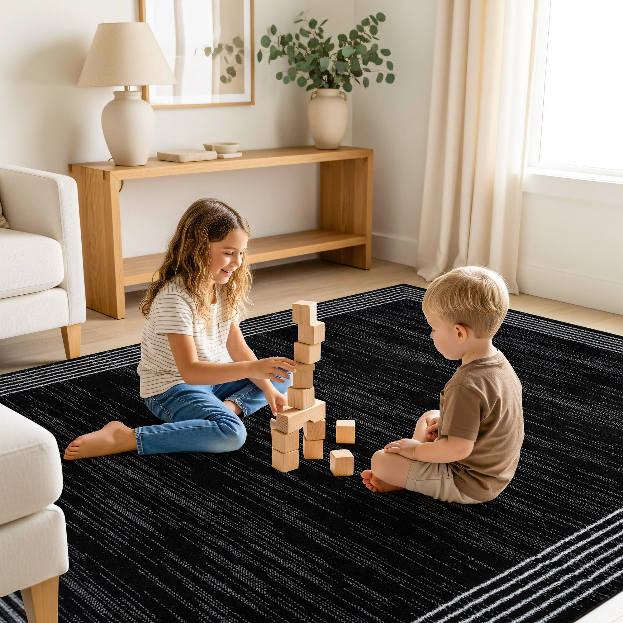 World Rug Gallery Modern Geometric Border Indoor Area Rug, Polypropylene with Jute Backing for Living Room Bedroom