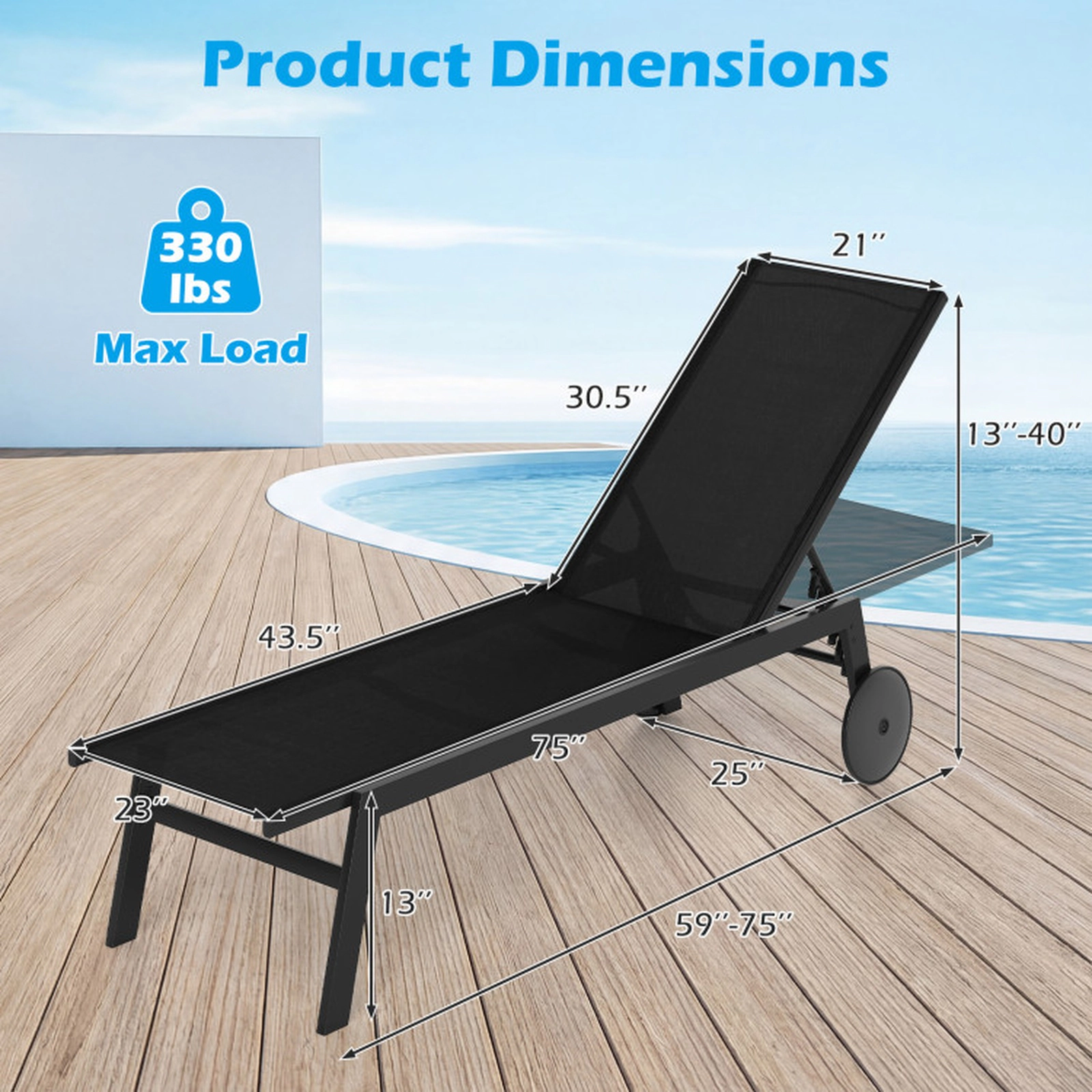 SUGIFT Patio Chaise Lounge Chair with Wheels and 6-Level Adjustable Backrest 330-lb Capacity Set of 2 Black