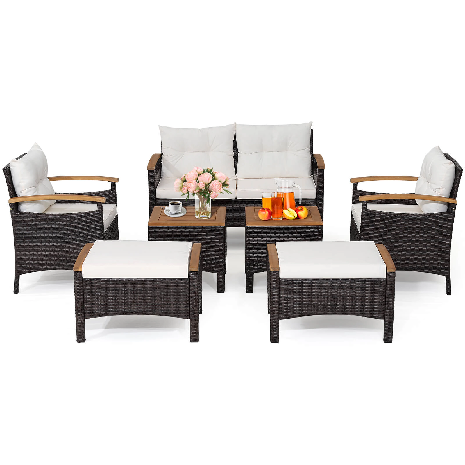 SUGIFT 7-Piece Off-White PE Rattan Patio Sofa Set with Acacia Wood, Ottomans and Tables