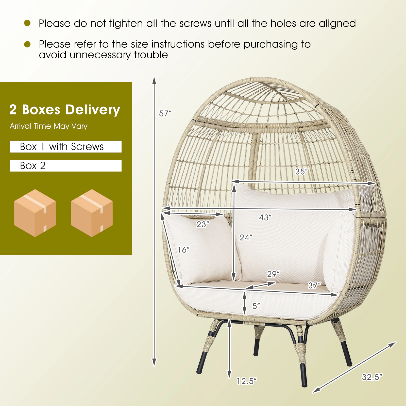 SUGIFT Oversized Outdoor Egg Lounge Chair, Light Brown PE Wicker, 4 Cushions