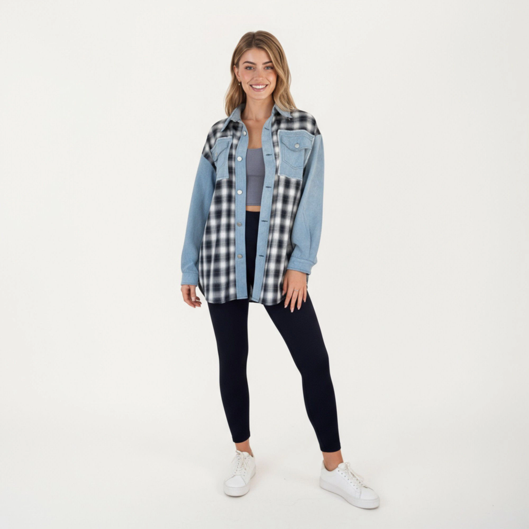 Anna-Kaci Women's Denim and Plaid Contrast Shacket