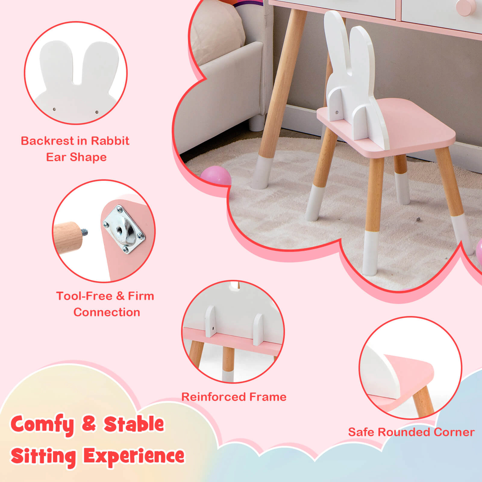 SUGIFT Kids Vanity Set with Rabbit Mirror, Storage Shelf and Backrest Chair