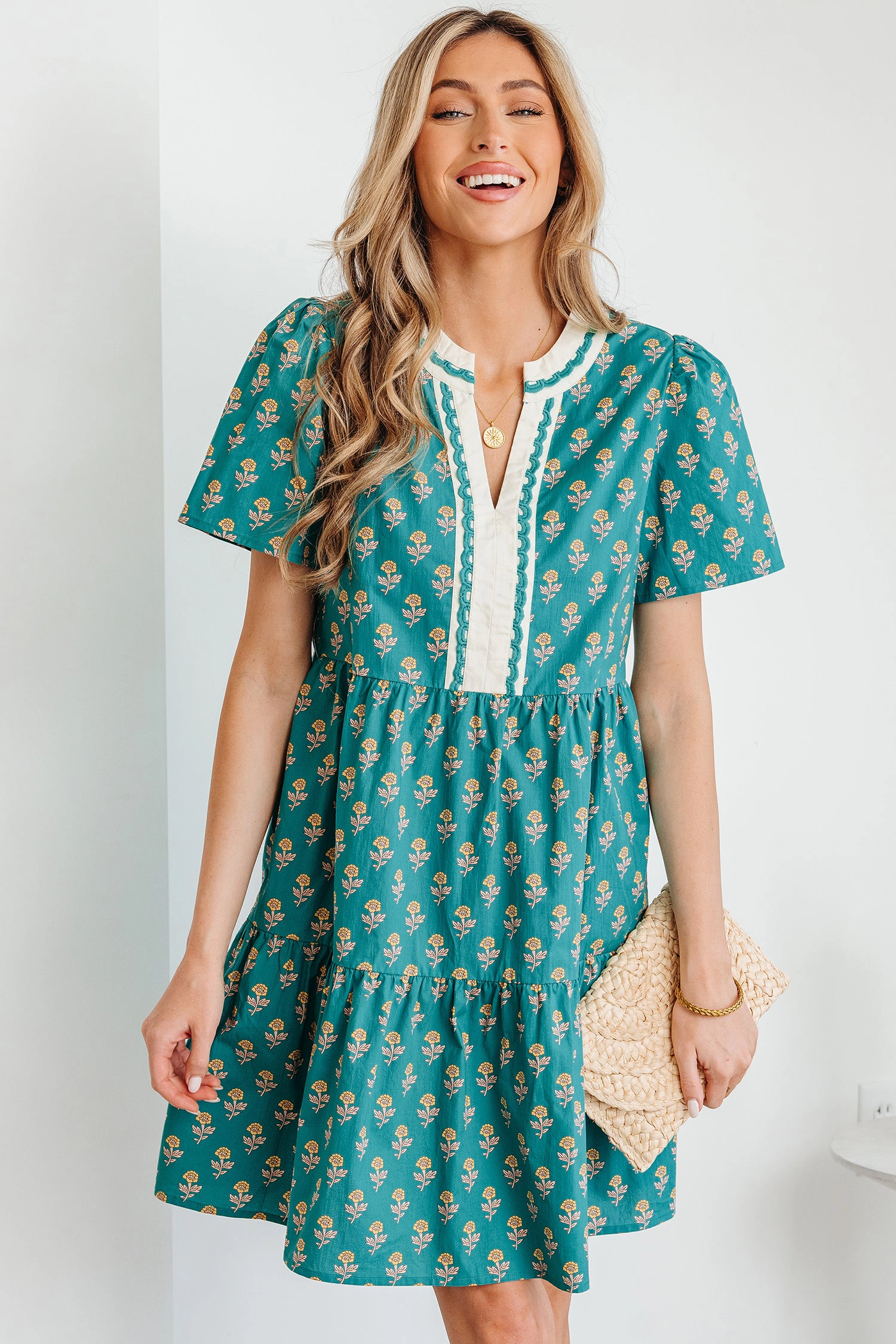 Threaded Pear Women's Clover Short Sleeve Floral Dress