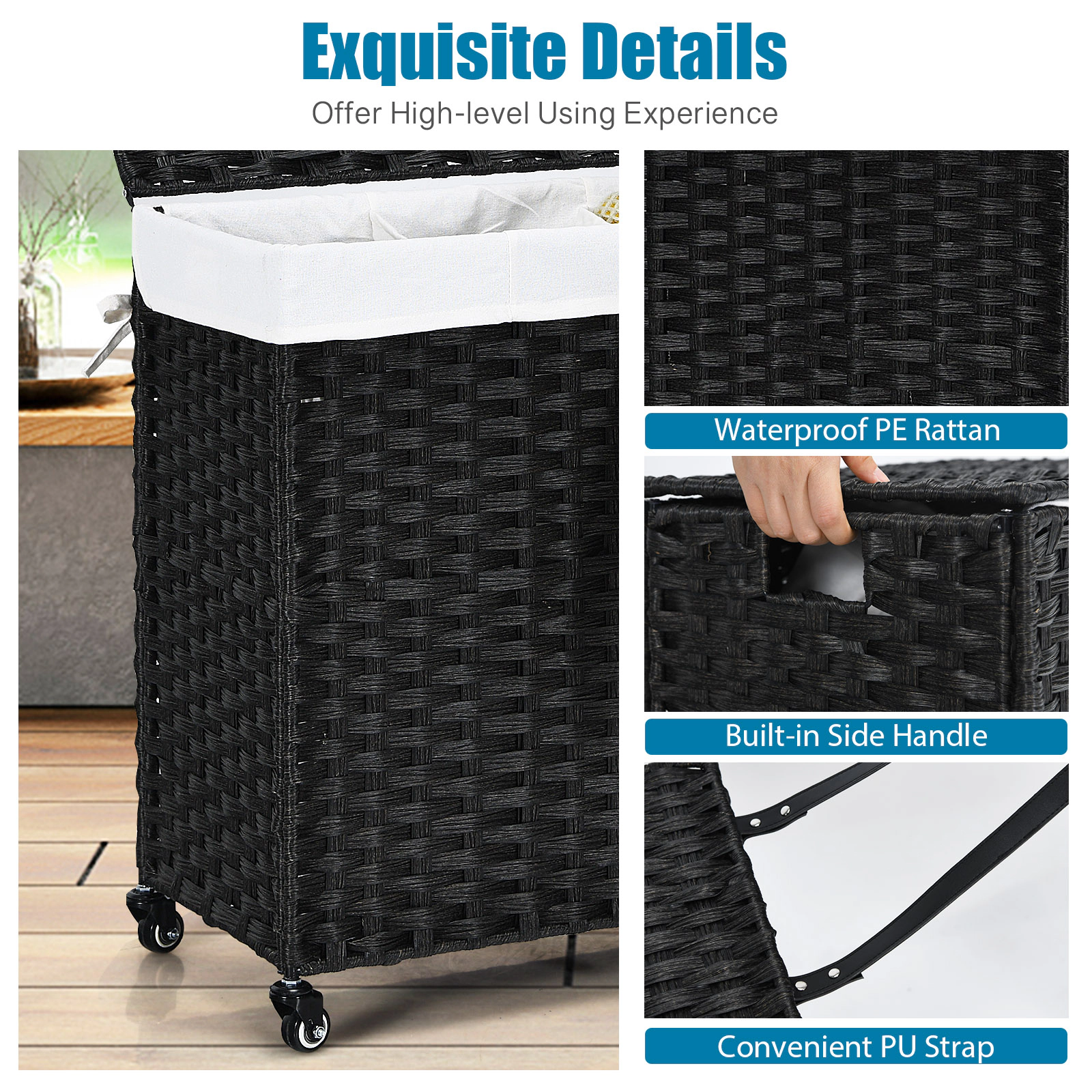 SUGIFT Laundry Hamper 125 L with Wheels Lid and Two 3-Compartment Liner Bags