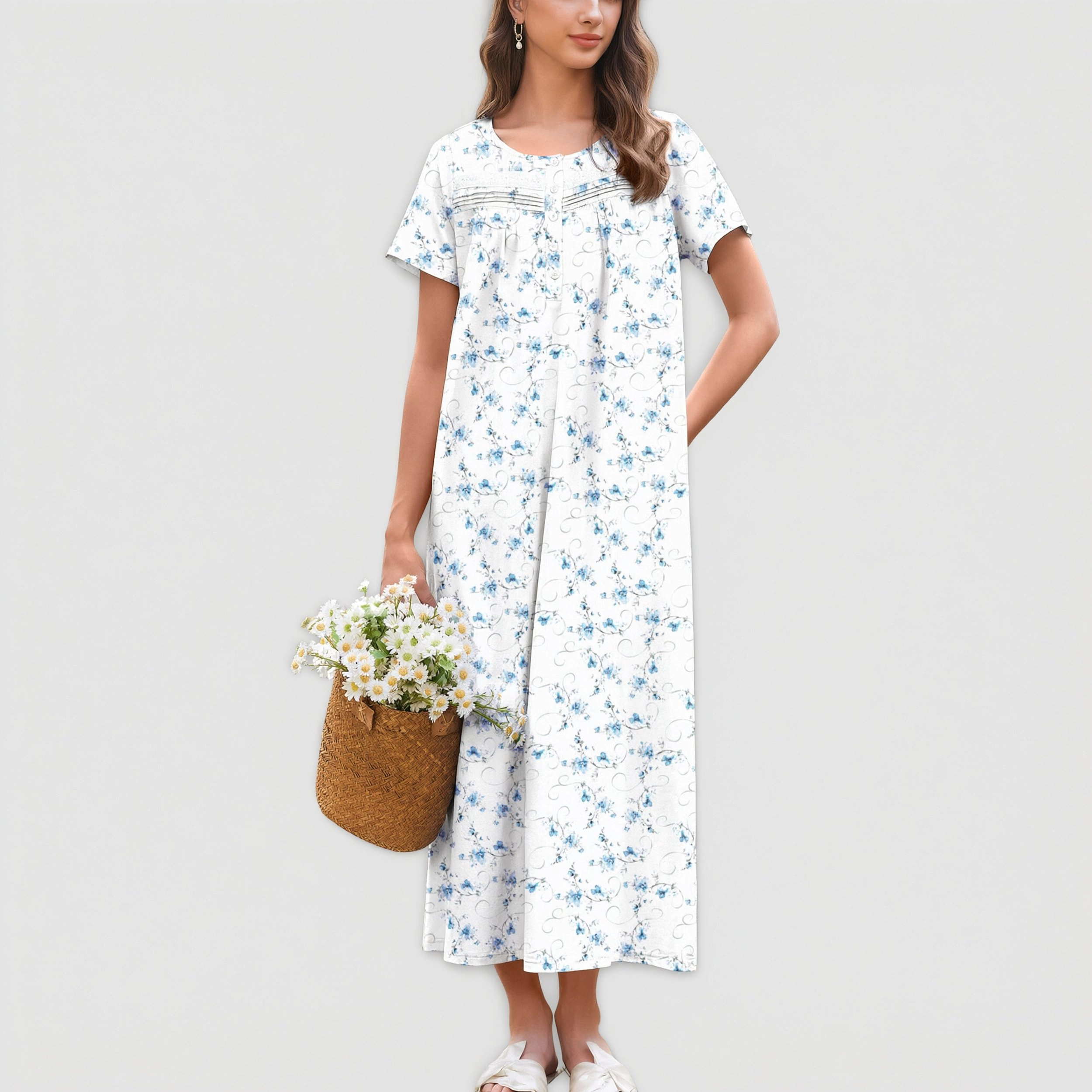 Ekouaer Nightgown for Women Cotton Long Night Gown Short Sleeve Nightdress with Pockets Button
