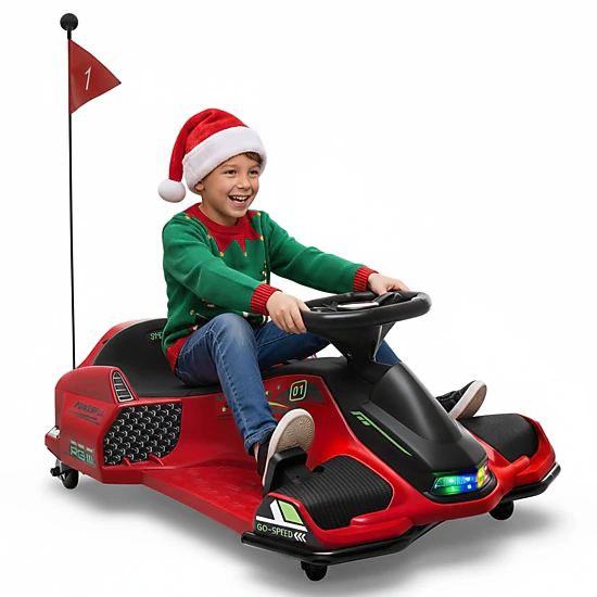 HONGGE 12V Electric Drift Go Kart for Kids with Music, Lights & Slow-Start Technology, Red