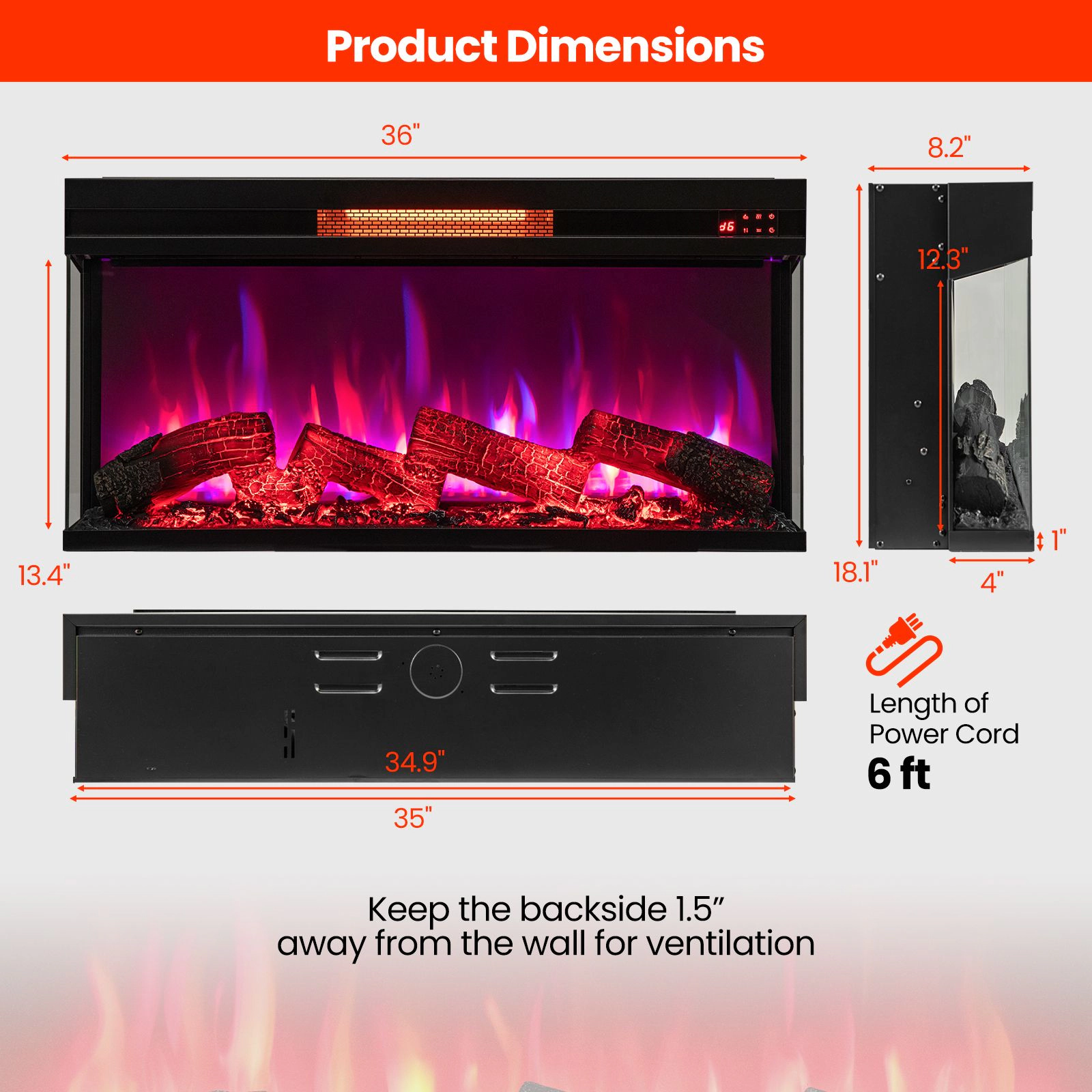 SlickBlue Black Tempered Glass Electric Fireplace, 1500W, 5118 BTU, 8 Flame Modes, 3-Sided View