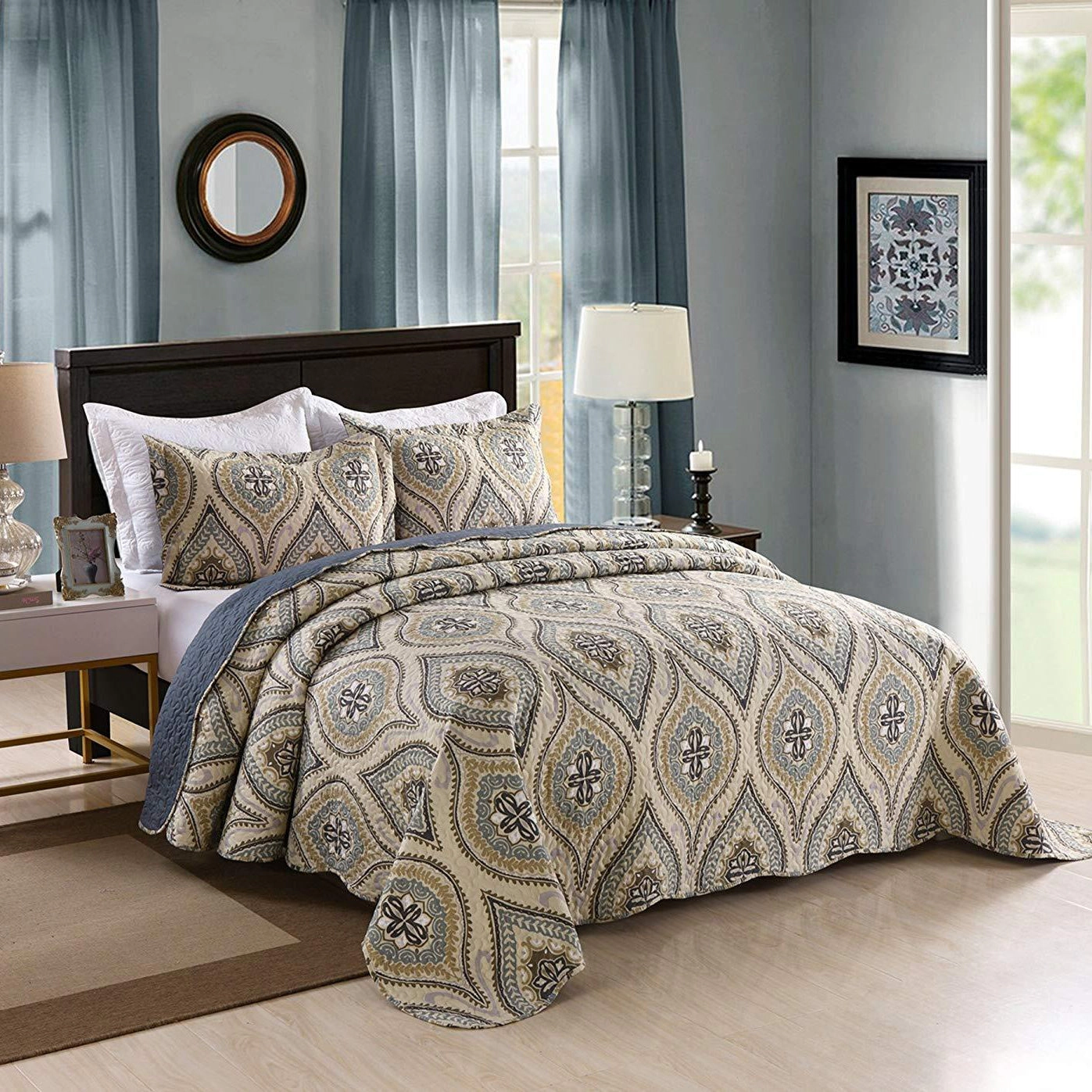 MarCielo 3 Pieces Reversible Damask Paisley Quilt Bedspread Set