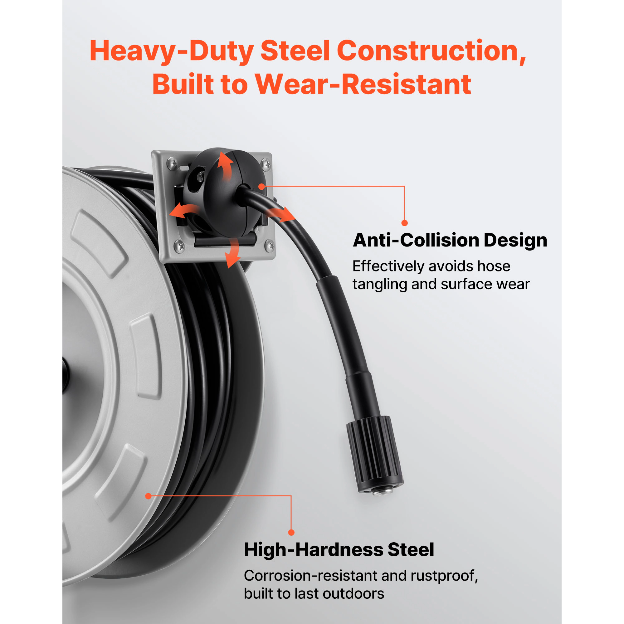 HONGGE Pressure Washer Hose Reel Retractable Power Heavy-Duty Steel Washer Hose Reel 4000PSI Max Auto-Rewinding