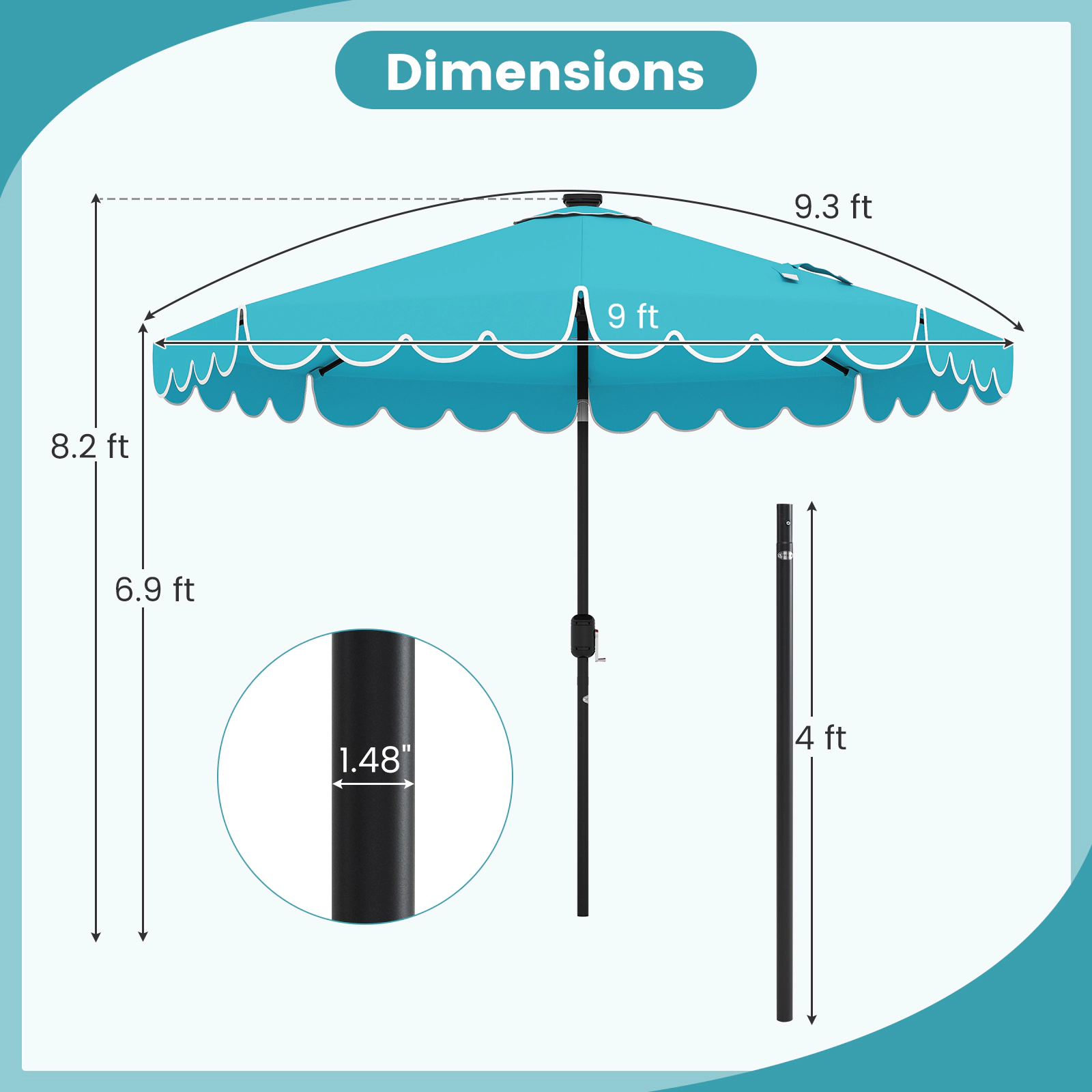SUGIFT 9.3-ft Solar Patio Umbrella with 24 LED Lights Vented Ruffled Polyester Canopy 16-lb Metal Frame Turquoise