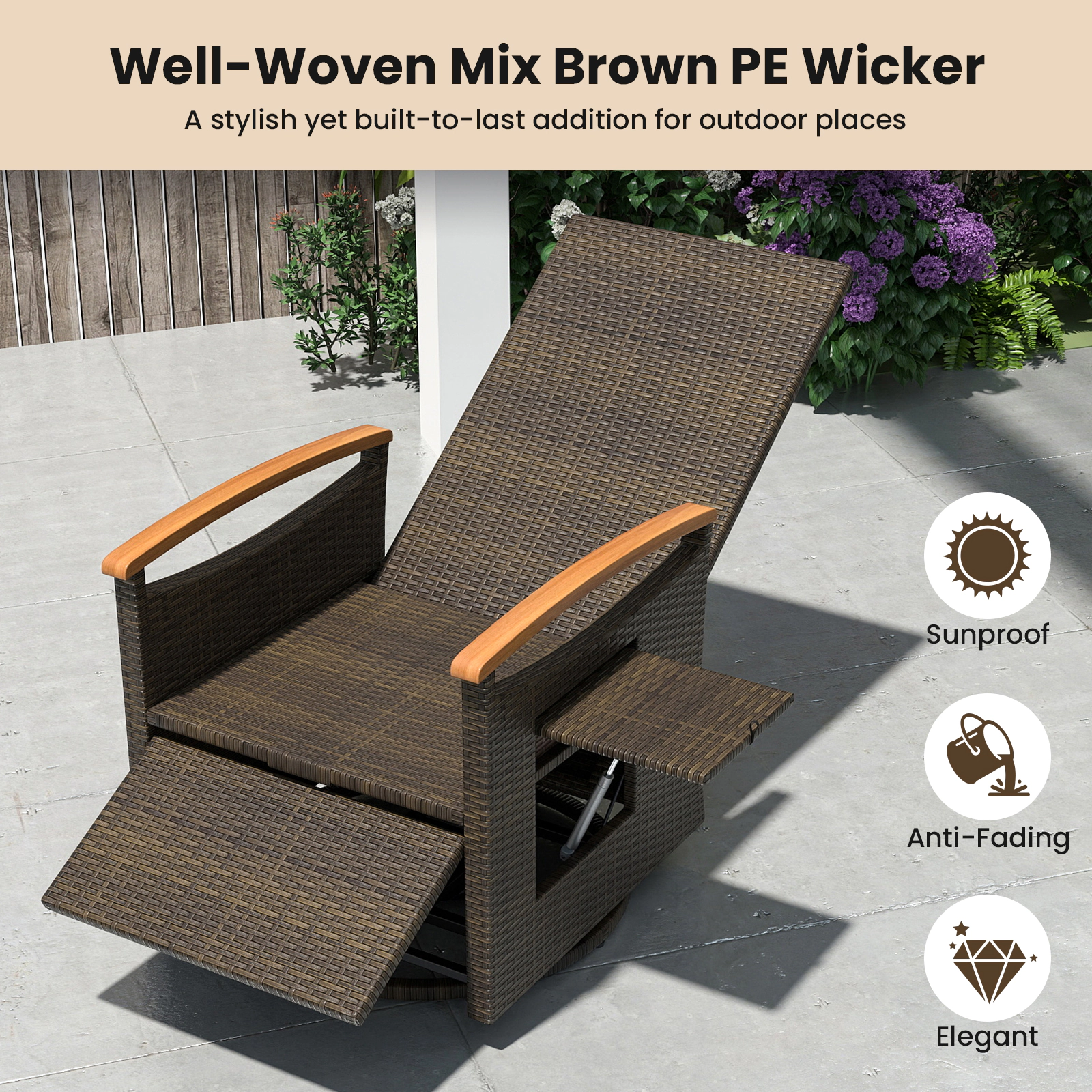 SUGIFT Patio Rattan 360° Swivel Recliner Chair with 150° Adjustable Backrest and Footrest 400-lb Capacity Black