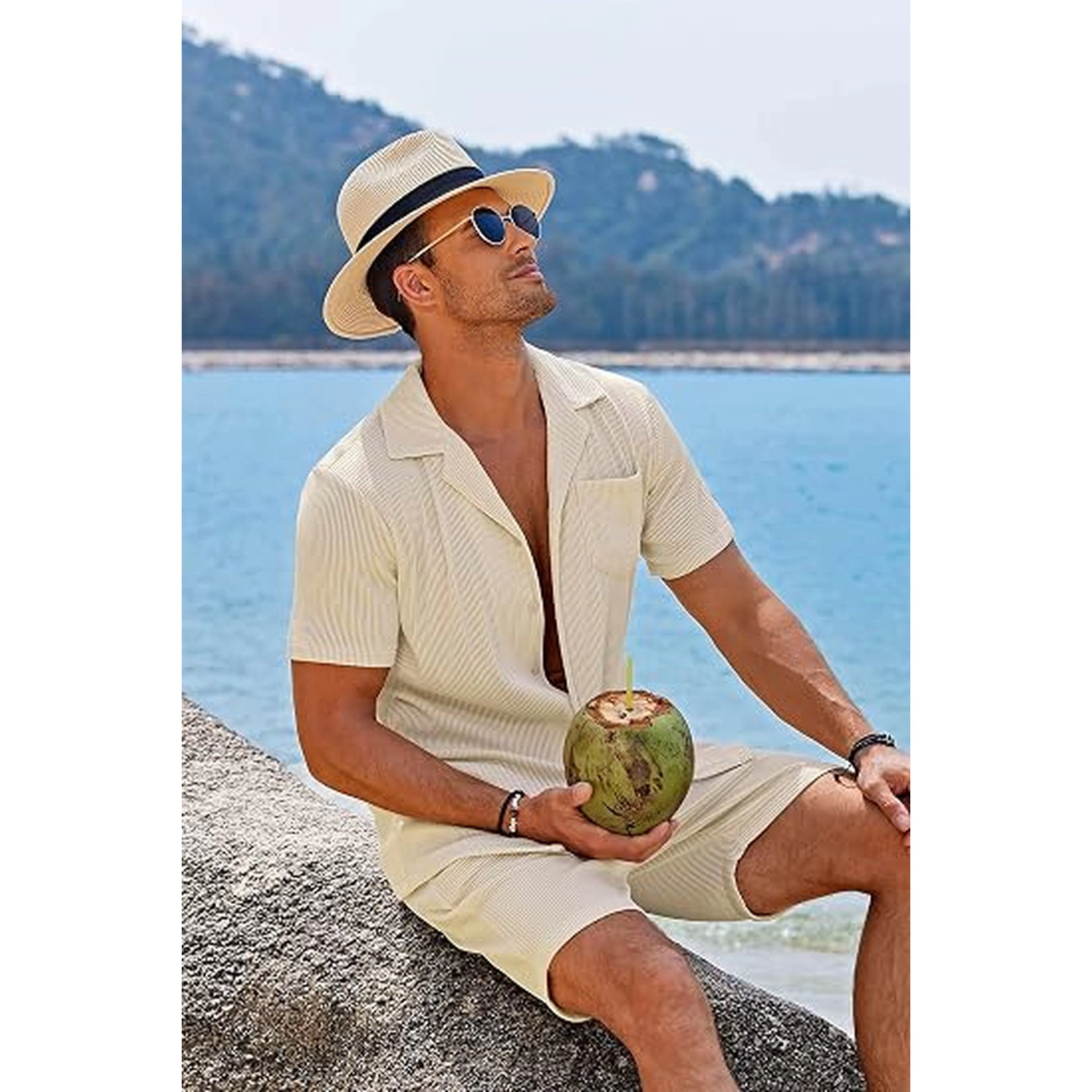 COOFANDY Men's Regular Fit Short Sleeve Button Down Shirt and Drawstring Shorts Two Piece Set
