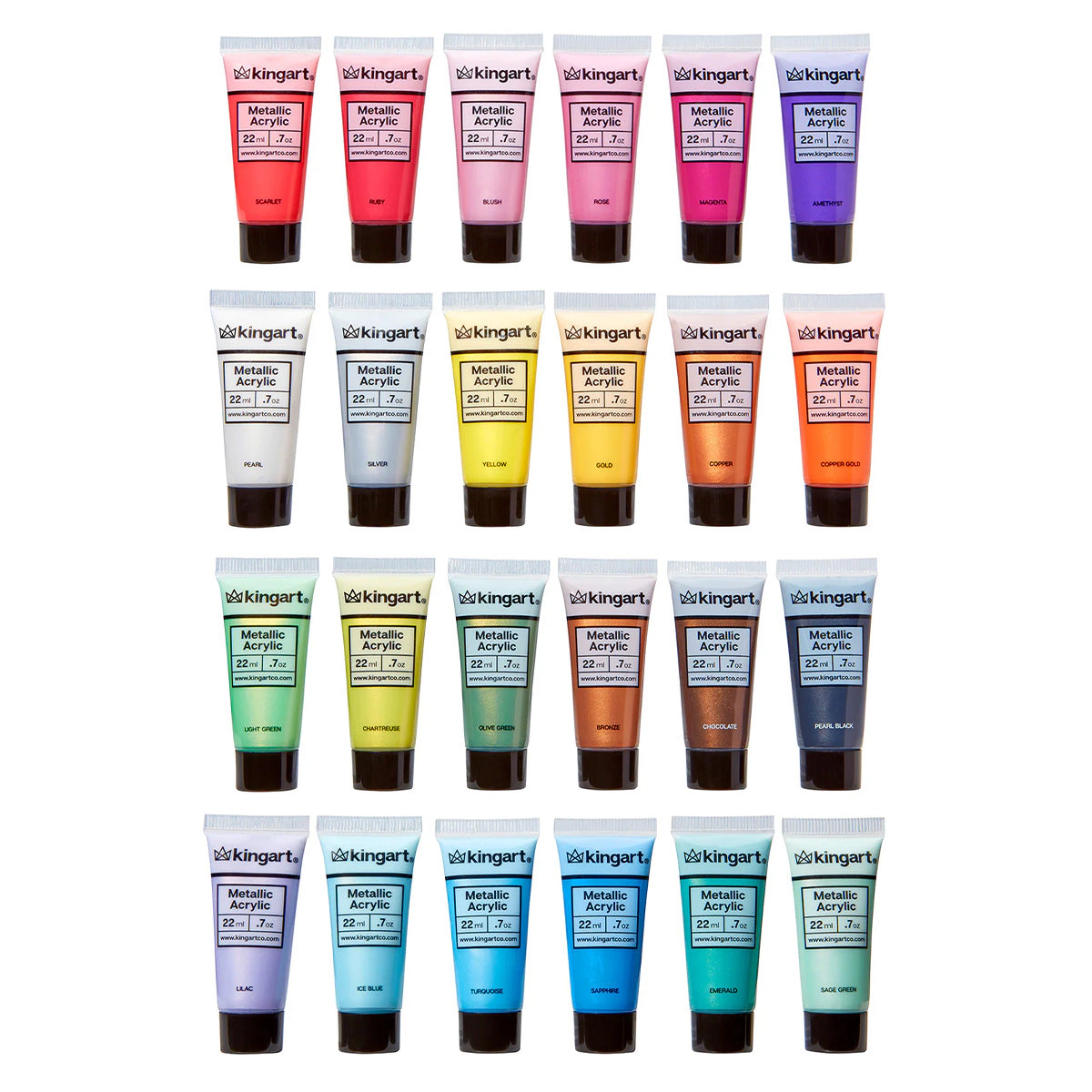 KINGART PRO Metallic Acrylic Paint Set - 24 Shimmery Colors, 22ml Tubes