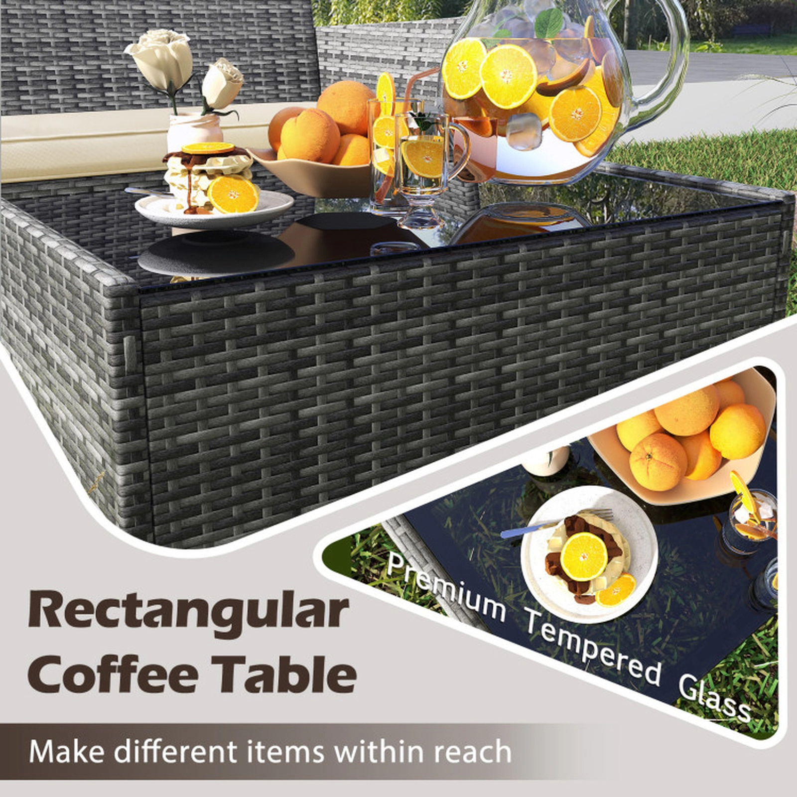 SUGIFT Rattan Conversation Set Tempered Glass Coffee Table 800-lb Loveseat 400-lb Chairs 110-lb Table Capacity Beige