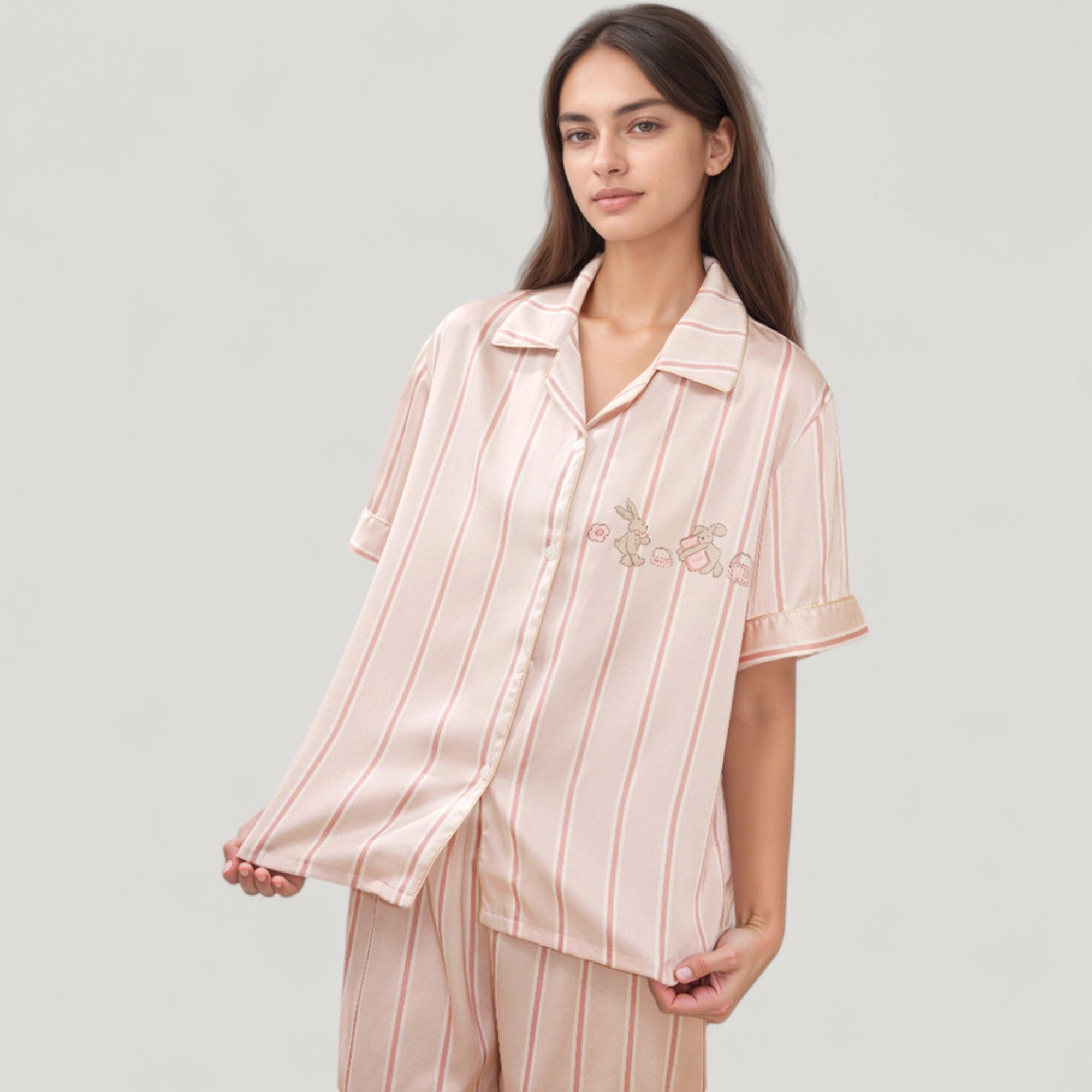 Anna-Kaci Women's Striped Pajama Set with Embroidered Bunny Detail Short Sleeve Button Up Top and Full-Length Pants