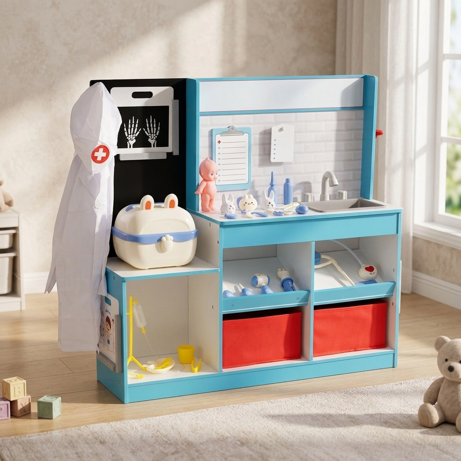 Wooden Doctor Playset X-Ray Film ECG Monitor Eye Chart 33.5-in Kids Medical Toy Set 29-pc Carrying Case Ages 3-6 Blue