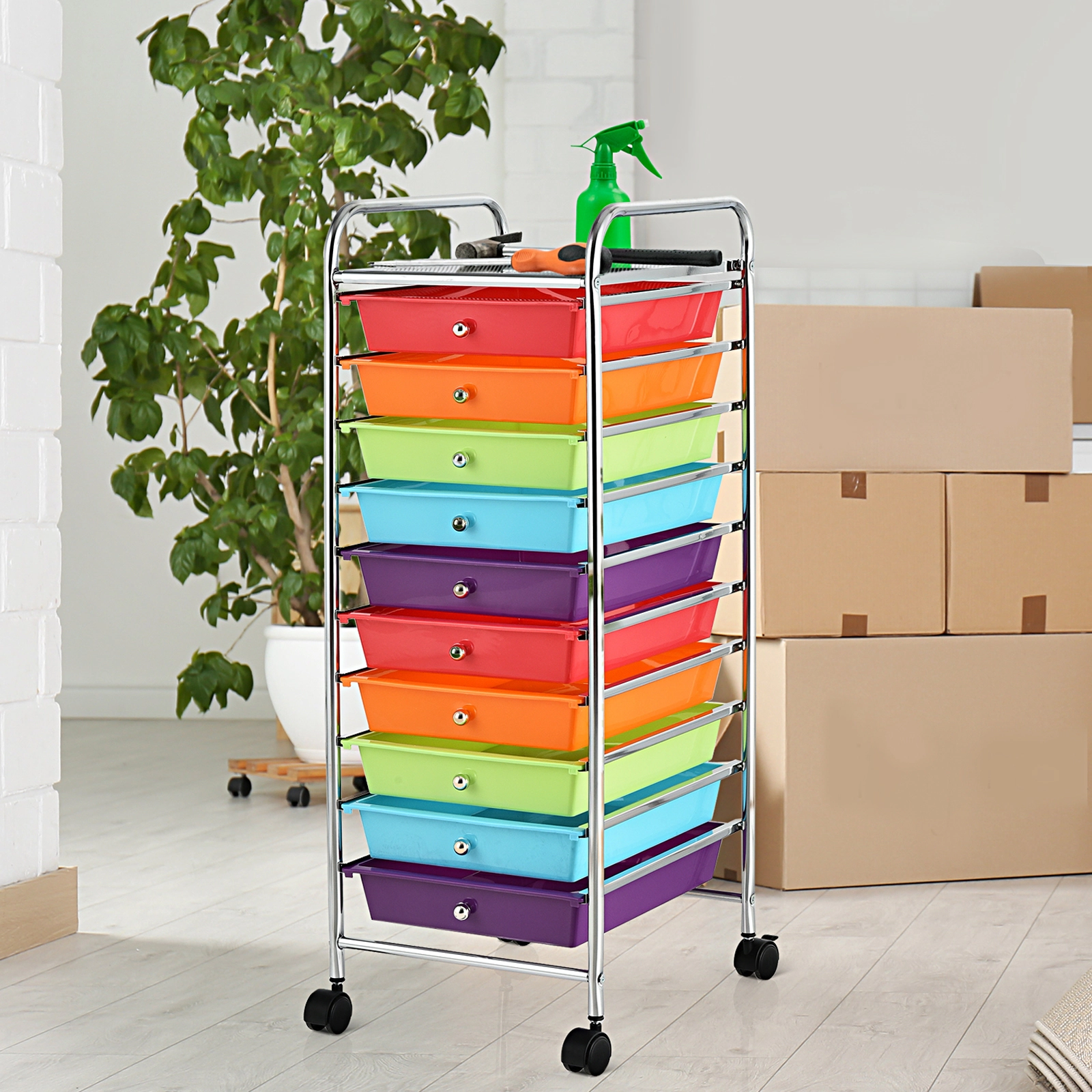 SUGIFT Purple 10-Drawer Slim Rolling Storage Cart with 4 Universal Casters 13-in W 15-in D 34-in H 3-lb Per Drawer