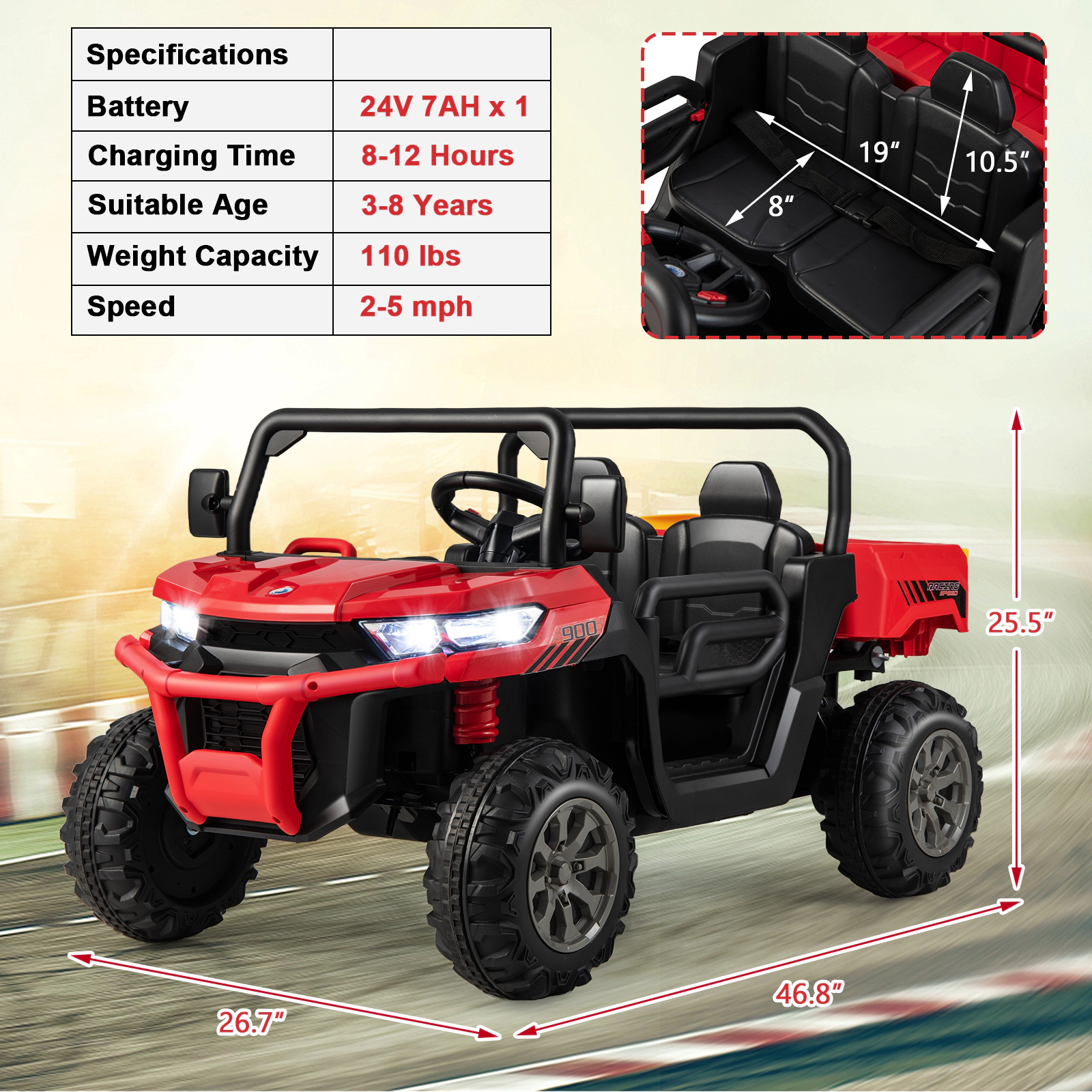 SUGIFT Red Electric Dump Bed Shovel and Remote Control 24V Kids Ride On Truck