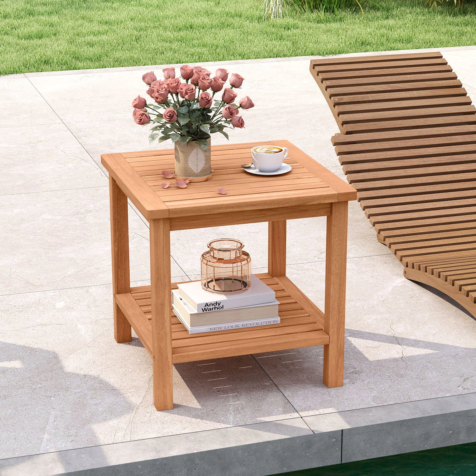 SlickBlue Acacia Wood Patio Side Table with 2-Tier Storage Shelf