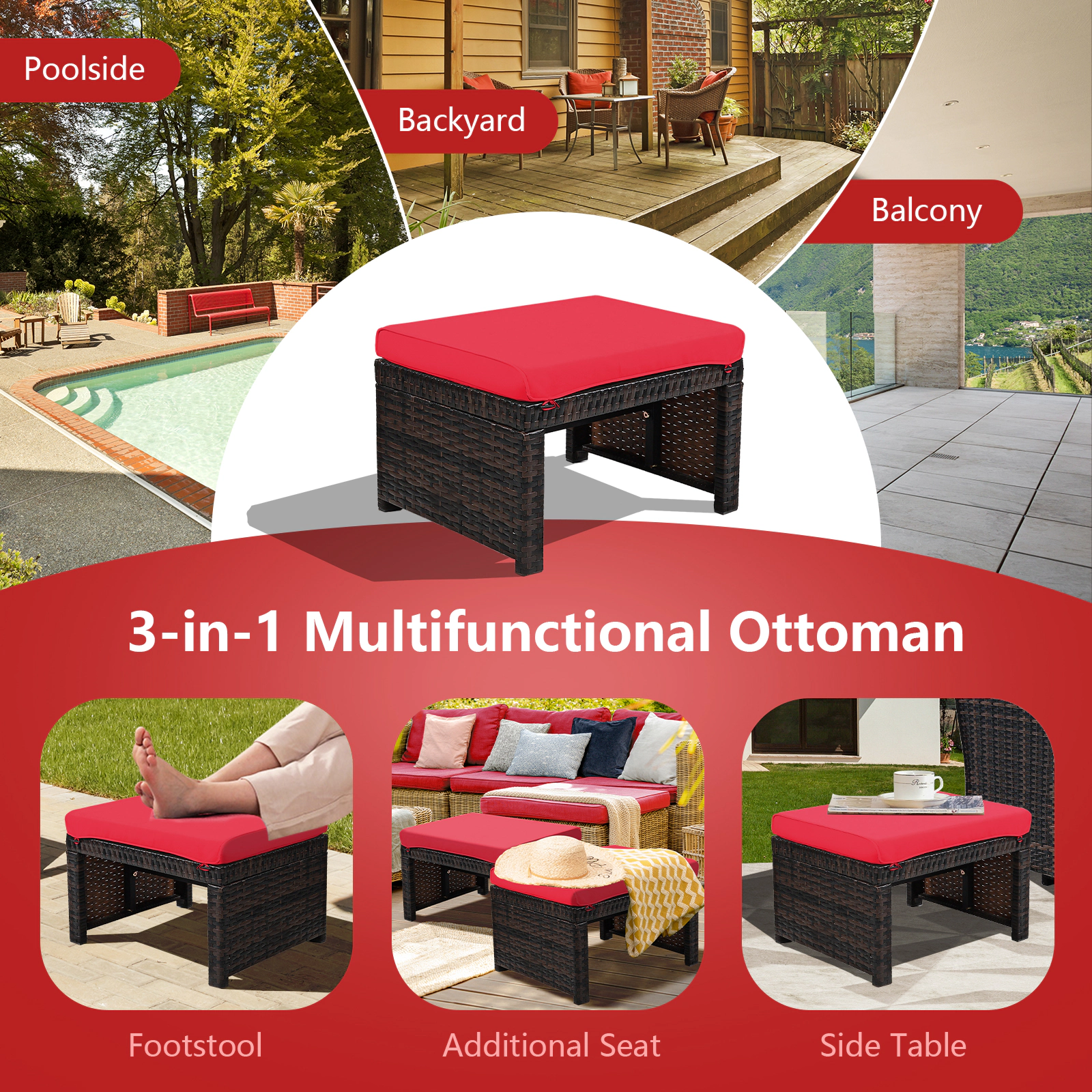 LJG 2 Pieces Patio Rattan Ottomans with Soft Cushion for Patio and Garden