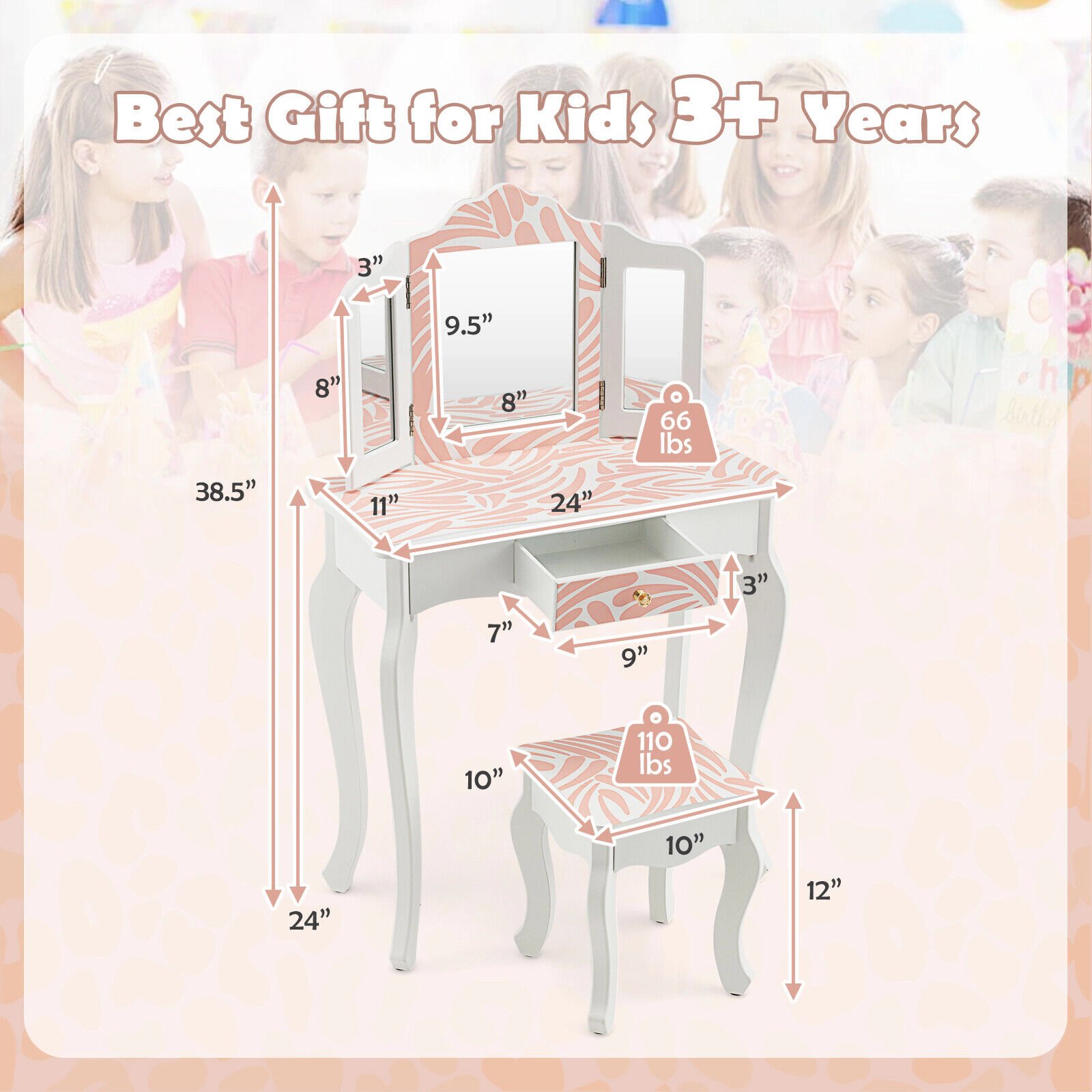 SUGIFT Pink Tri-Folding Mirror Large Drawer and Stool 2-in-1 Kids Vanity Table Set