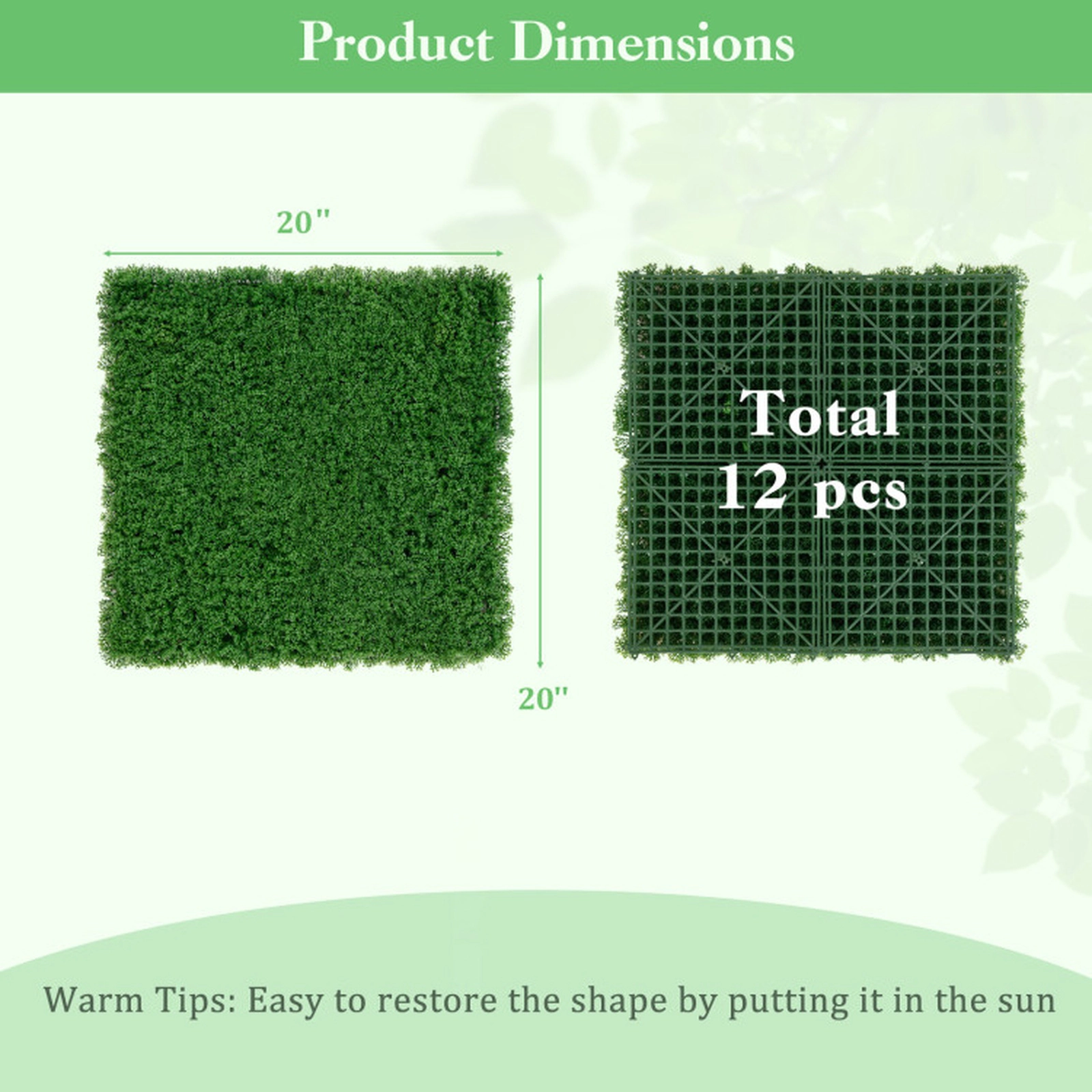 SUGIFT 12-Piece 20-in Green Artificial Grass Wall Panels with Clip-Lock Connection and 33-sq ft Coverage
