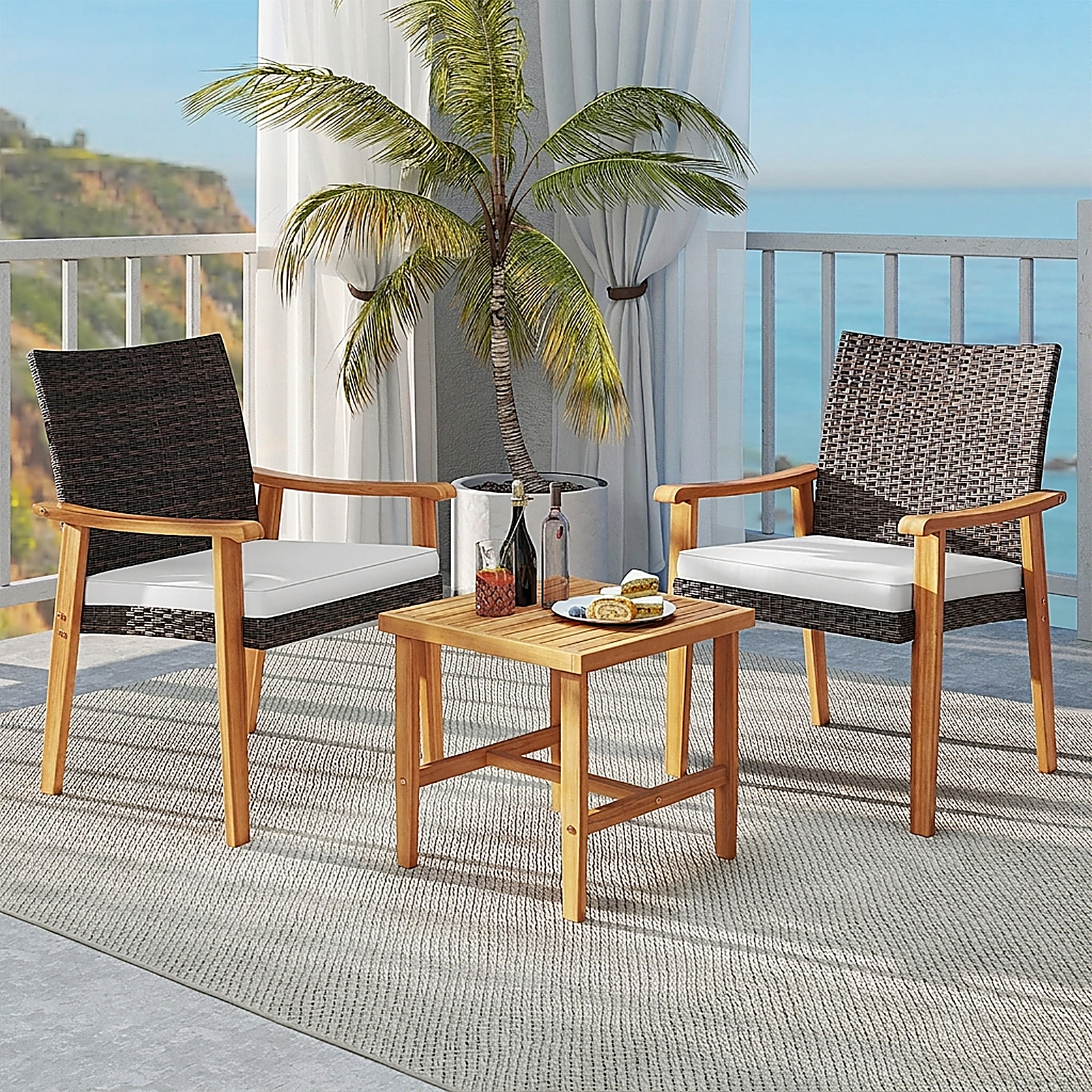 SUGIFT Patio Conversation Bistro Set PE Wicker & Acacia Wood 400-lb Chairs 180-lb Table Off White Cushions Mix Brown