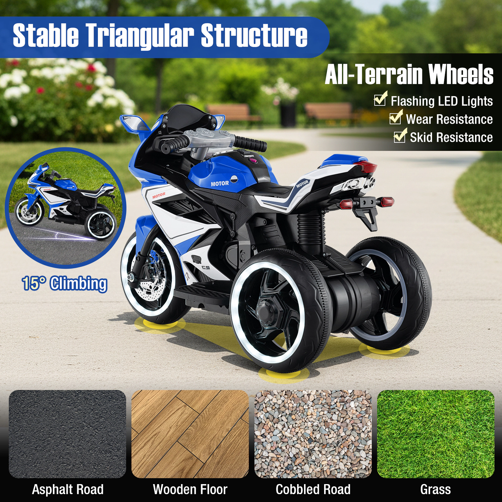 Kids Ride on Motorcycle 6V Battery Powered 3-Wheel Electric Motorbike LED Headlight Music USB Ages 3+ 66-lb Capacity