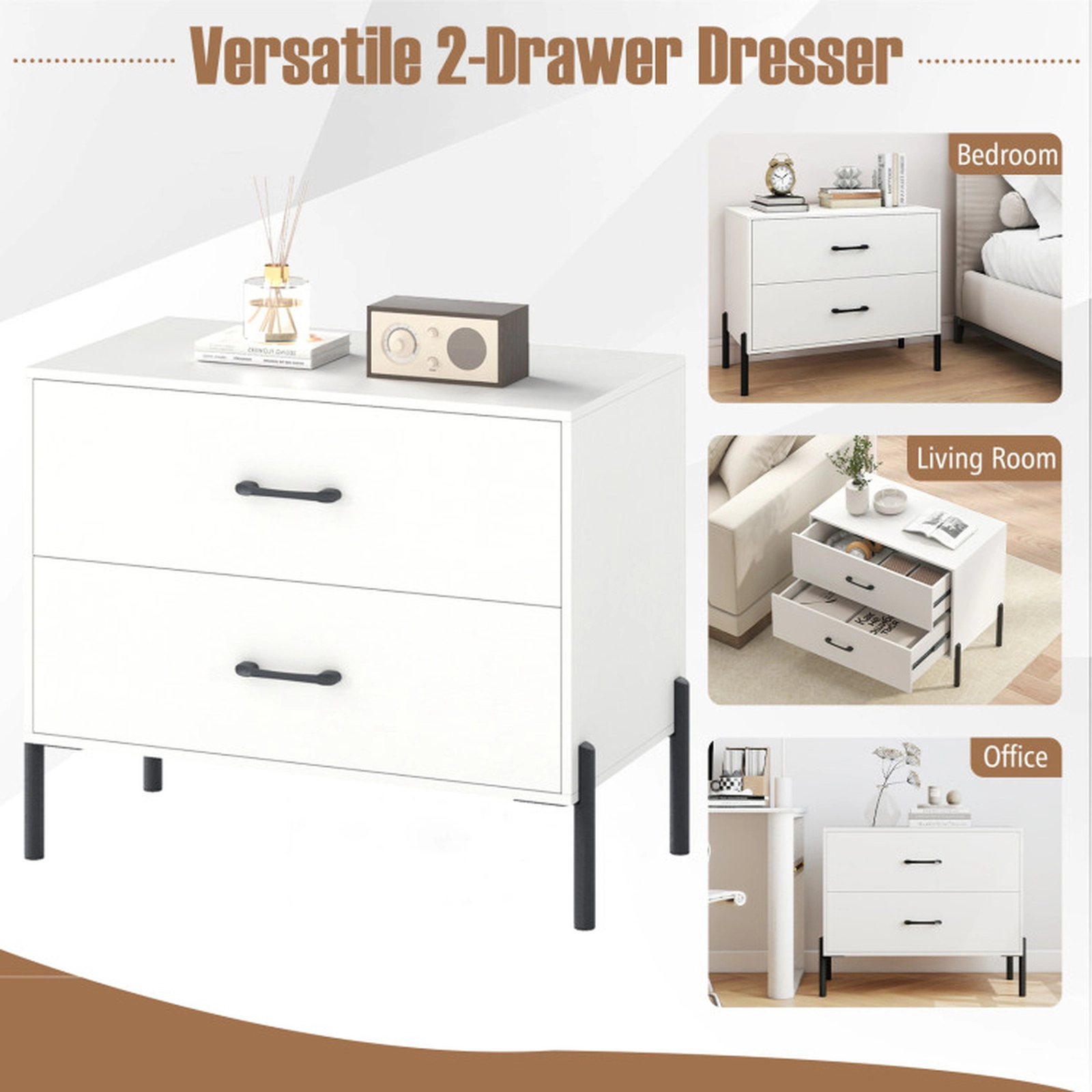SUGIFT Modern Wooden 2-Drawer Nightstand with Metal Legs & Handles 66-lb Countertop Capacity 44-lb Drawer Capacity White