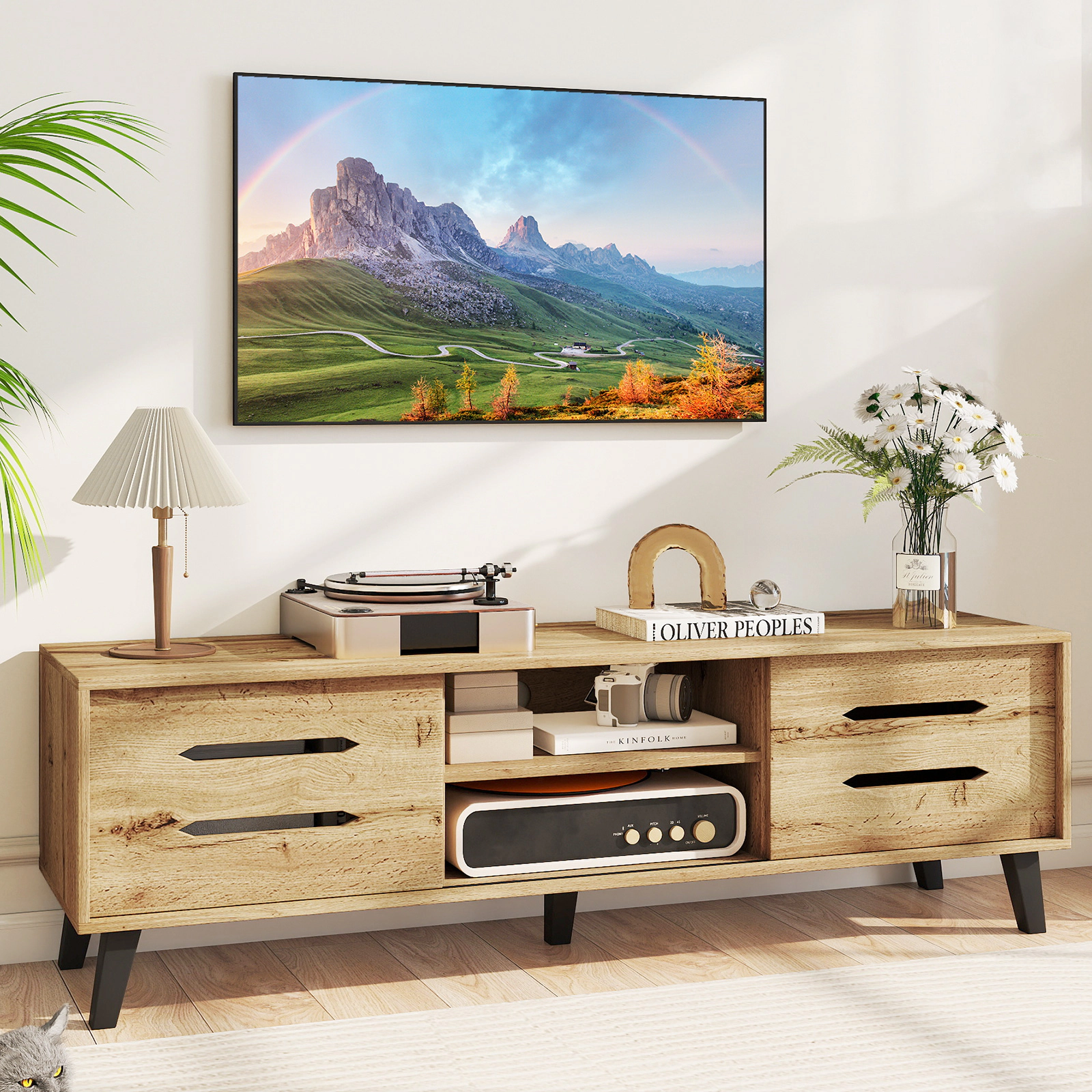 Glintex 59-Inch TV Stand with Hollow-Out Sliding Doors and Cable Hole, Natural