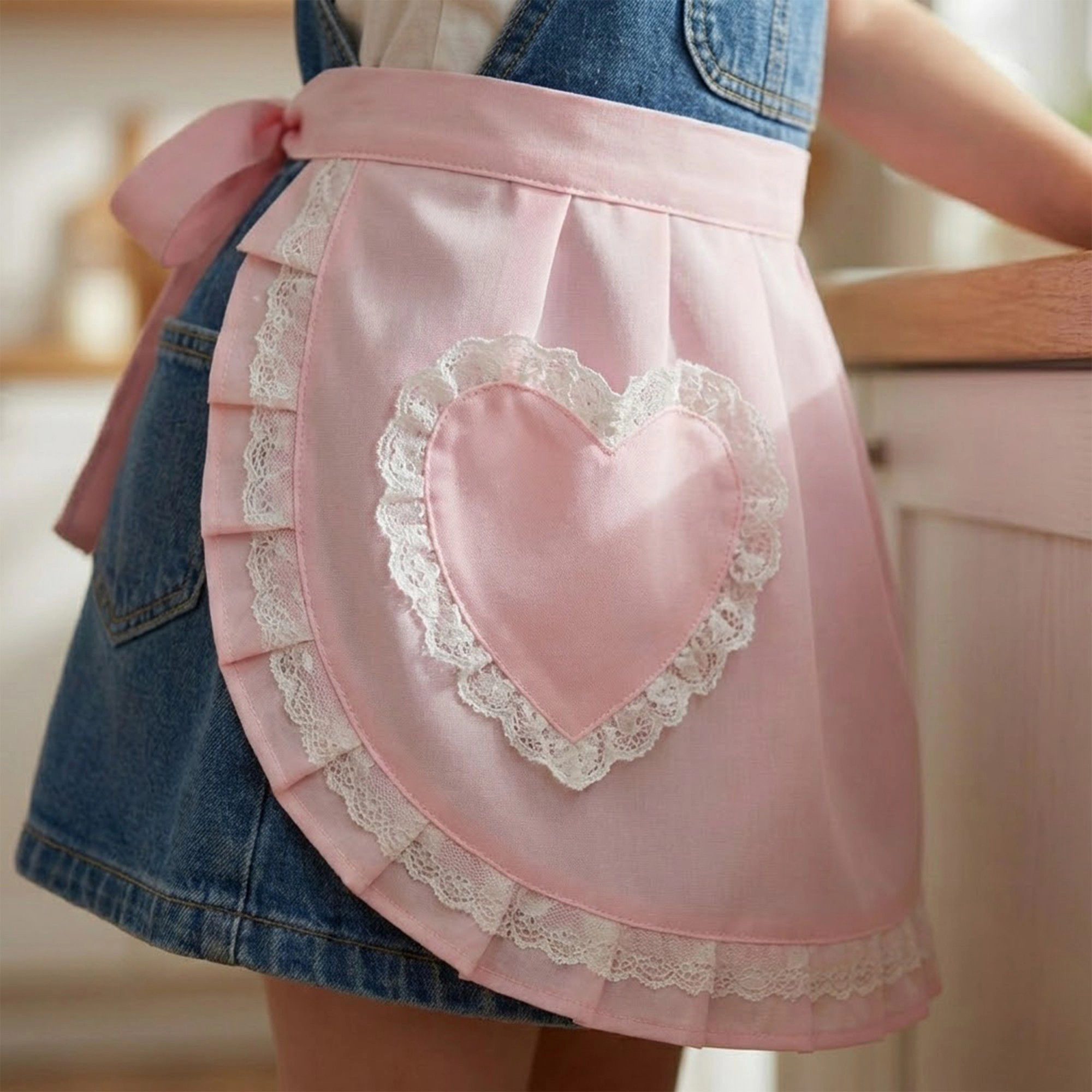 Alilang Unisex Decorative Waist Apron with Ruffle Trim Heart Pocket and Adjustable Ties