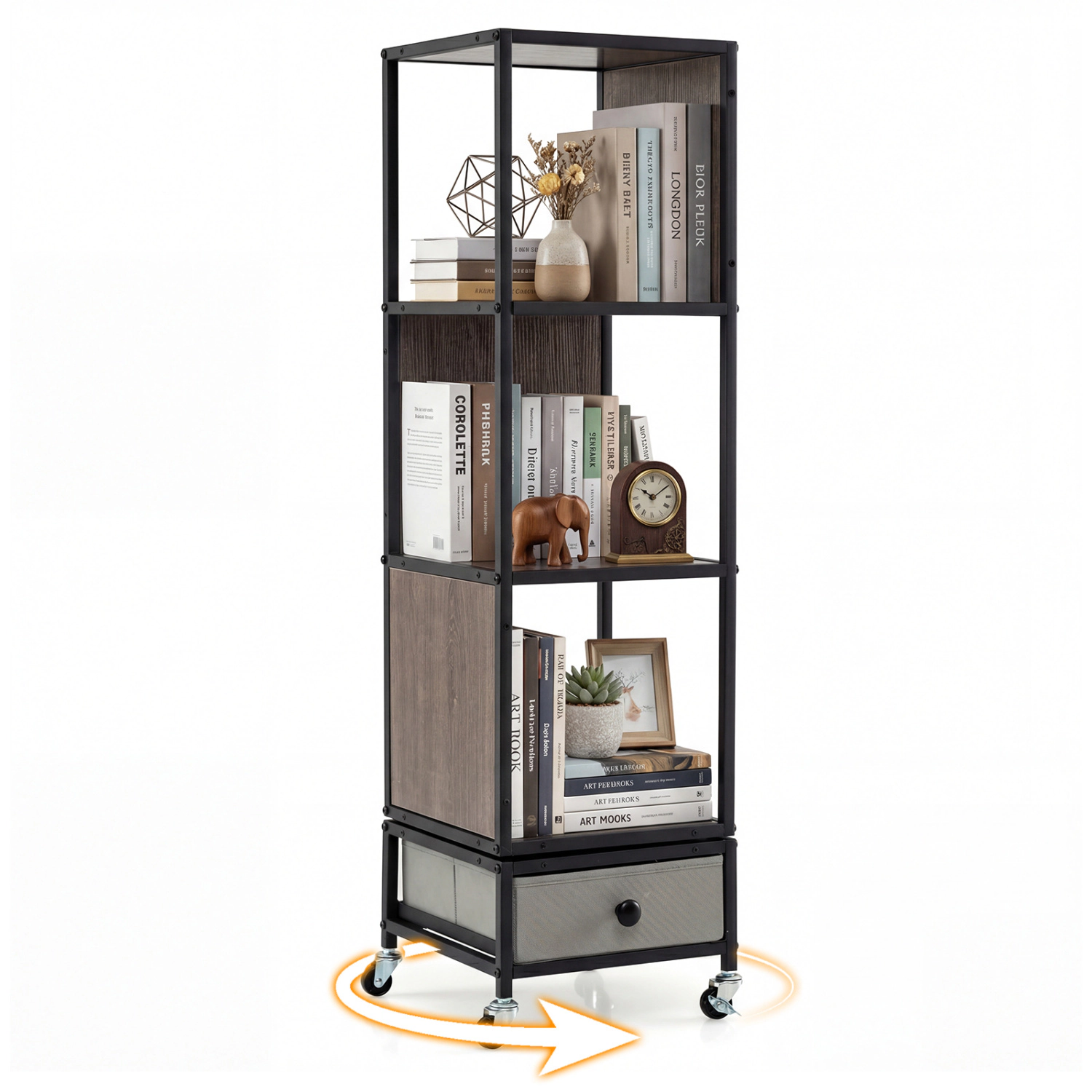 LJG 4-Tier Rotating Bookshelf on Wheels with Removable Drawer