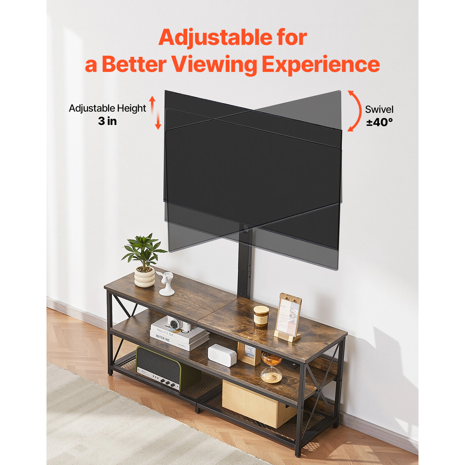 HONGGE TV Stand with Mount for up to 75 in TVs Entertainment Center with Power Outlet & LED Lights Height Adjustable TV