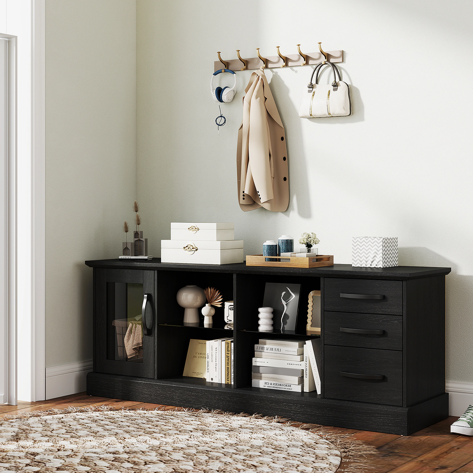 LJG 63 Inches Media Console Table with 3 Drawers and 2 Glass Shelves