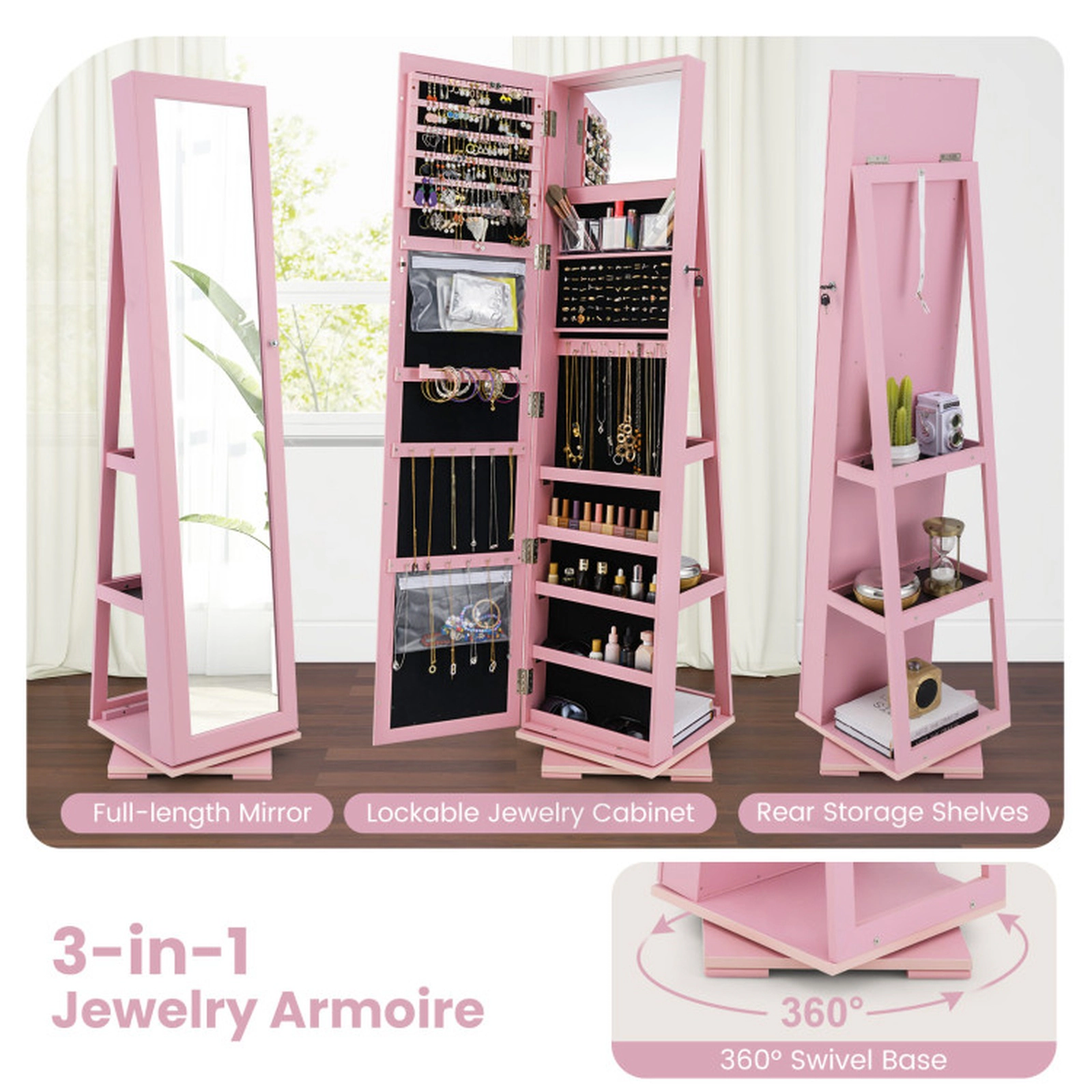 SUGIFT 2-in-1 Pink Lockable Jewelry Cabinet with 57-in Full-Length Mirror Rotating Base and Anti-Rust Hooks