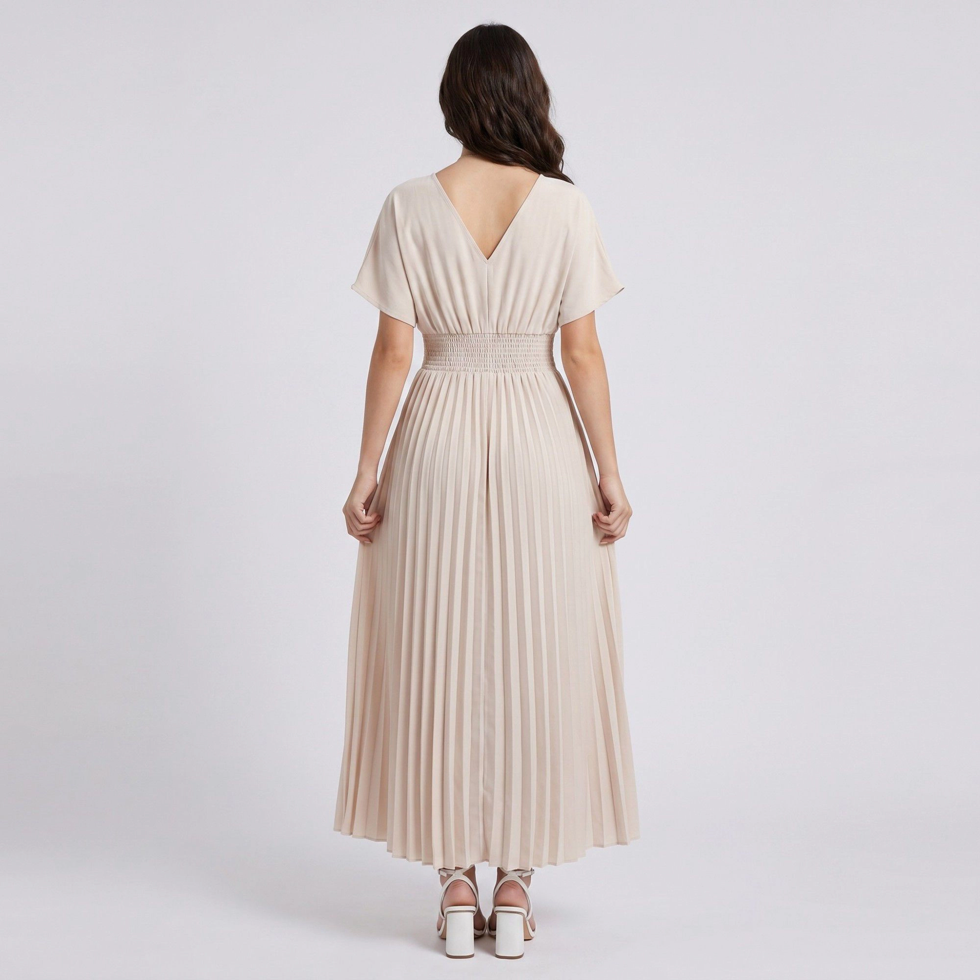 Anna-Kaci Women's Pleated V-Neckline Short Flutter Sleeves Smocked Waist A-Line Skirt Maxi Dress