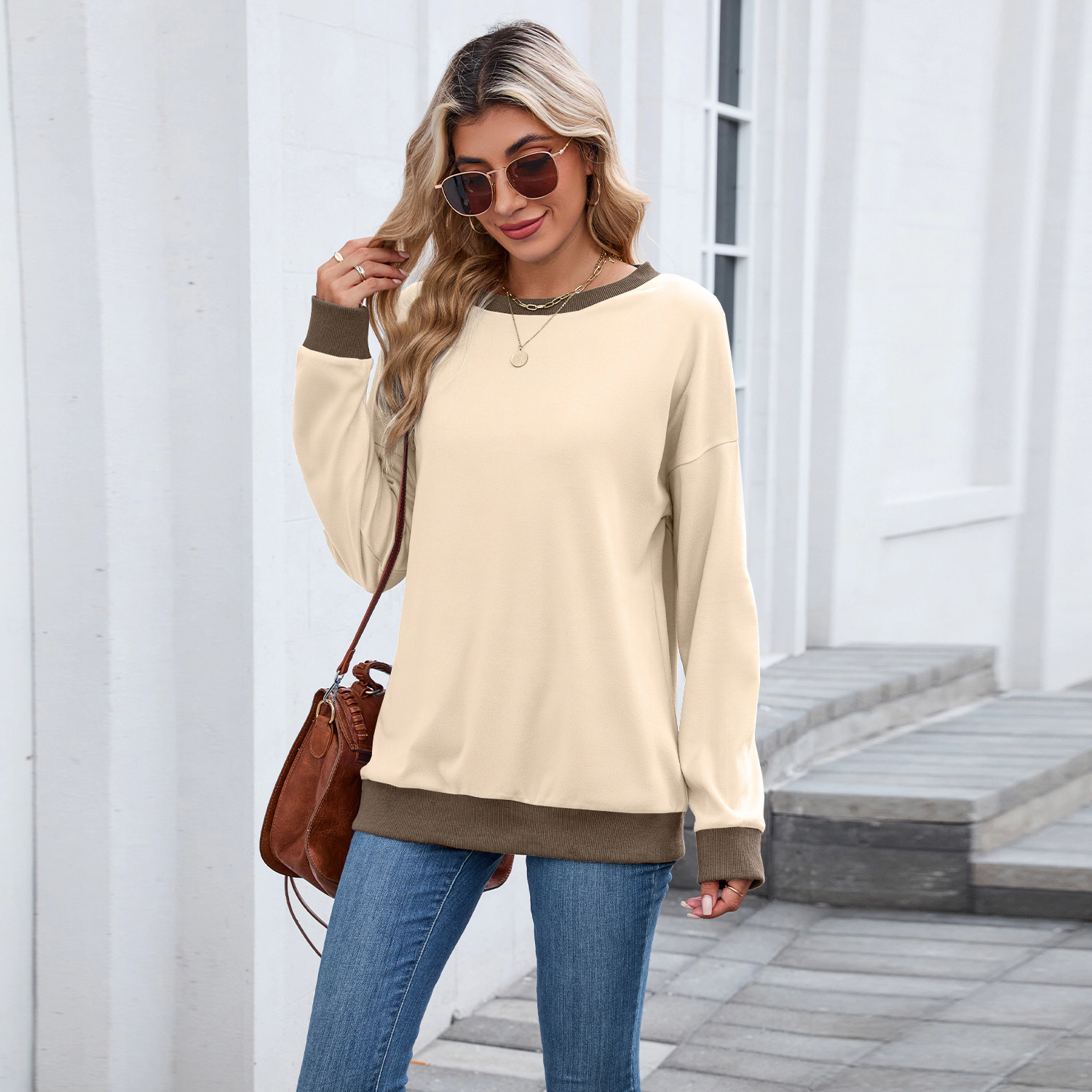 Enchanted Funland Womens Color Block Crew Neck Contrast Ribbed Pullover Sweatshirt