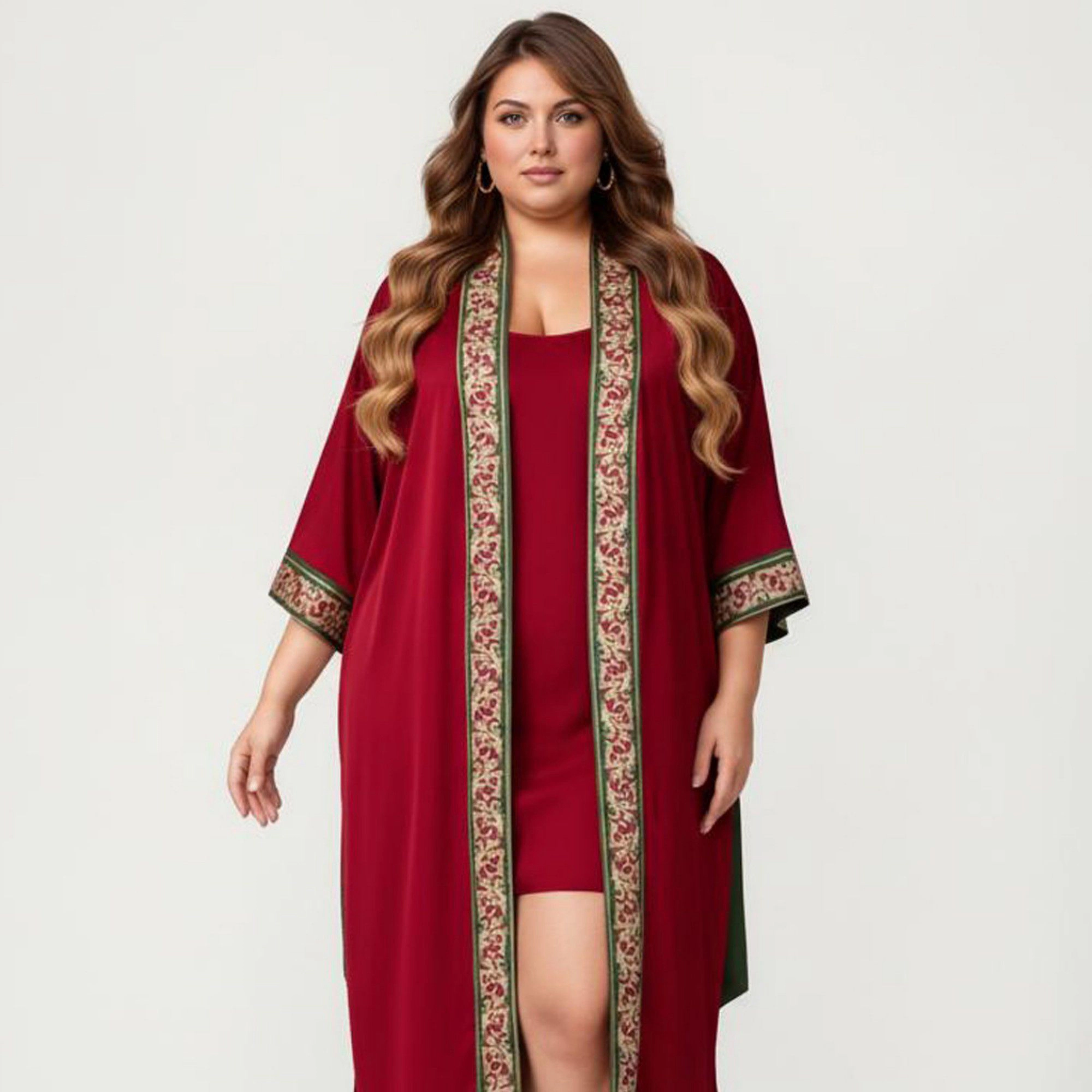 Anna-Kaci Women's Plus Satin Robe with Floral Trim Belted Kimono Sleeve Long Sleepwear