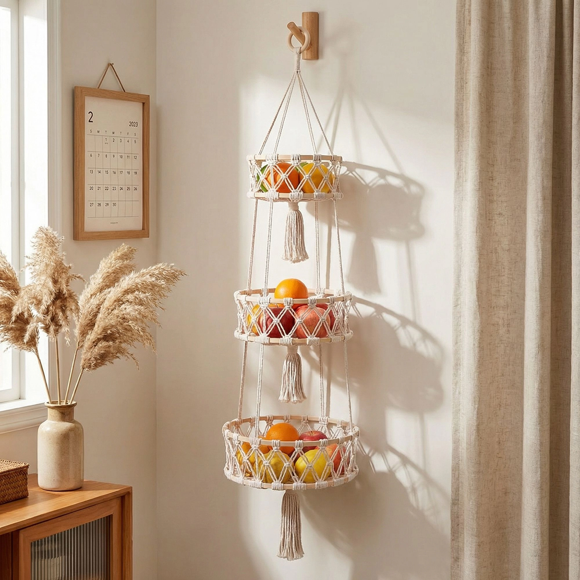 Alilang Unisex 3 Tier Macrame Hanging Storage Basket Cotton Rope Wall Organizer Boho Space Saving Storage