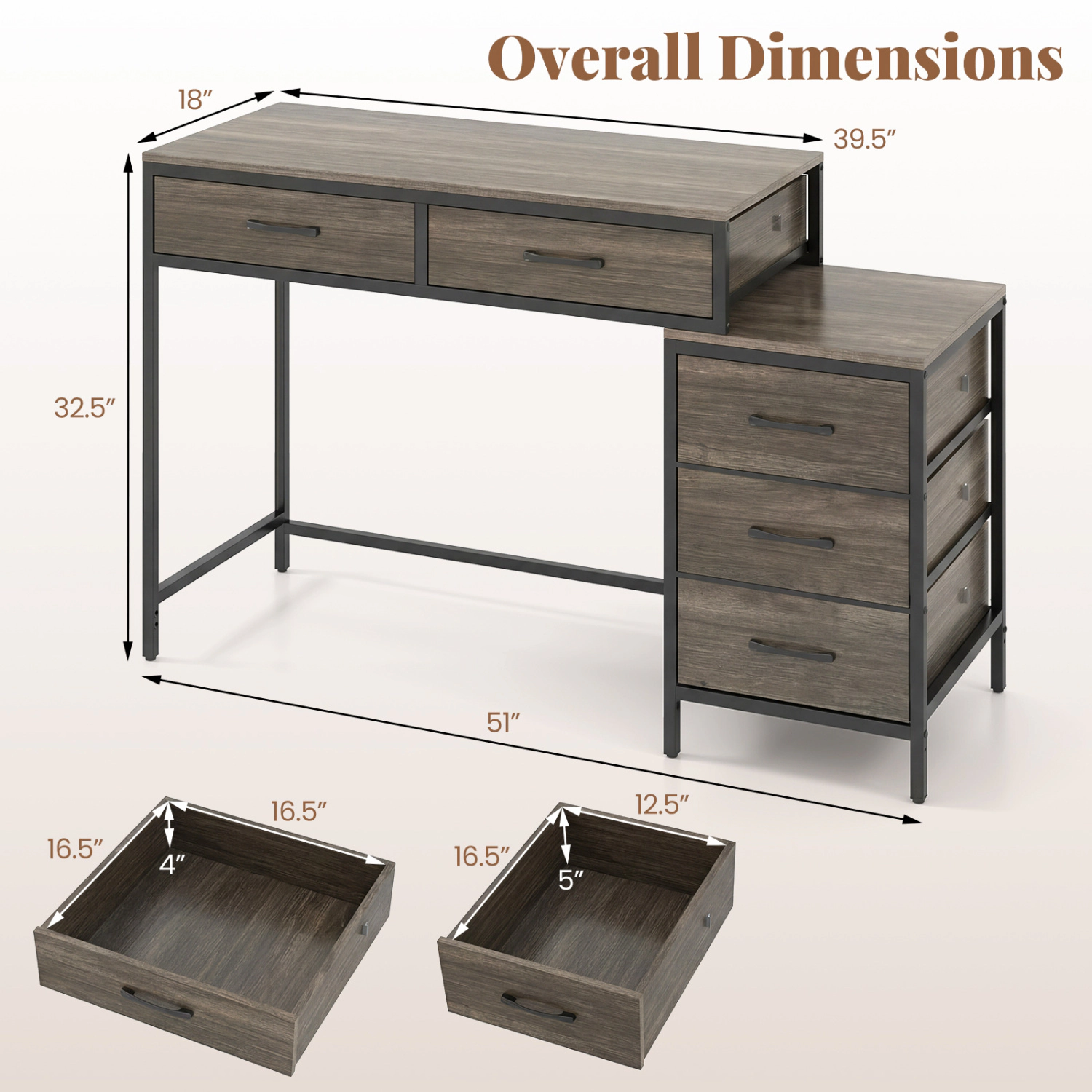 LJG Computer Desk with 5 Drawers and Printer Stand for Bedroom Small Spaces