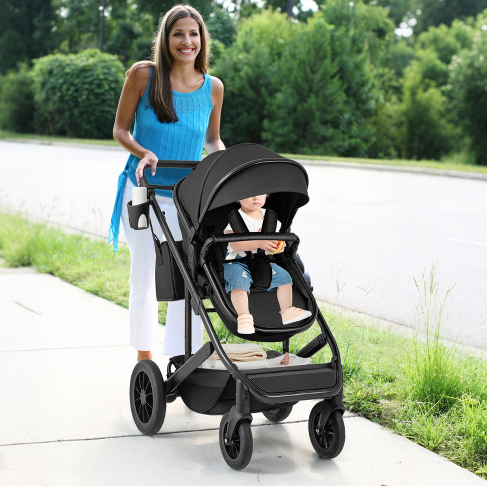 SUGIFT Baby Black 3-in-1 Folding Stroller with Detachable Bassinet and 4-Level Canopy 38-in W 48-lb Seat Capacity