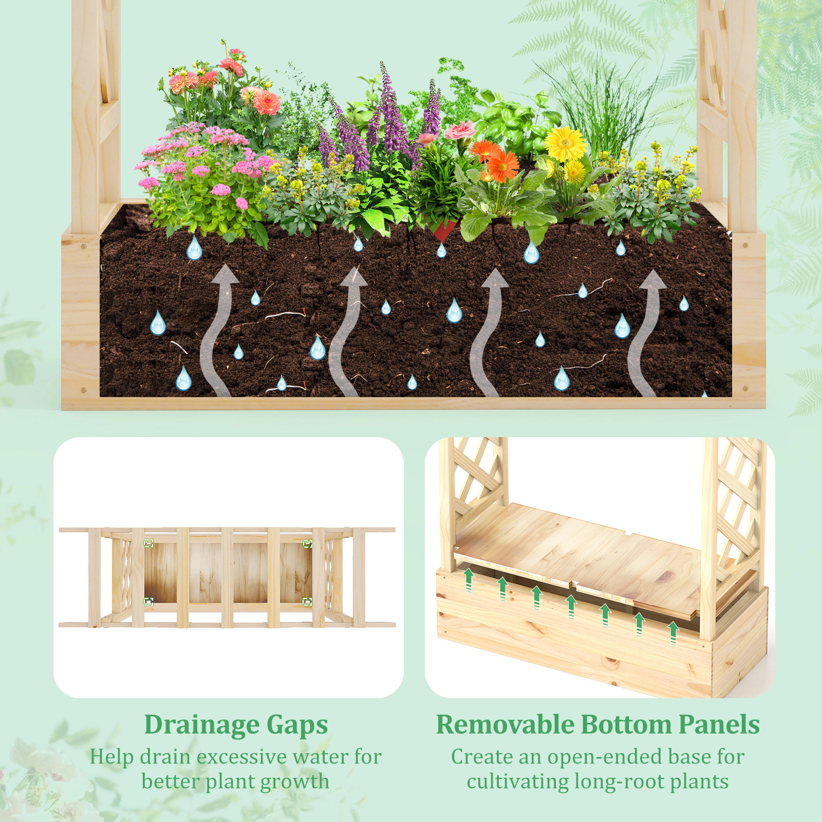 SlickBlue 44 Inch Elevated Garden Bed with Side Trellises Natural Wood