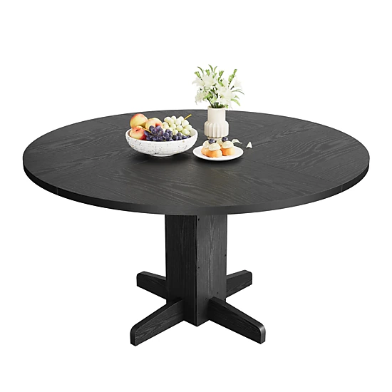 BebreezChic 47" Round Dining Table for 4-6 People, Wood Kitchen Table with Pedestal Base, Farmhouse Style