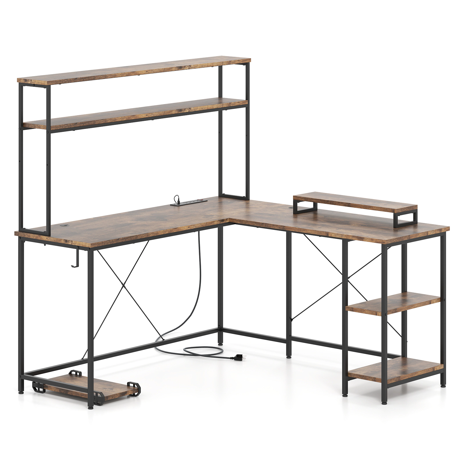 SUGIFT Reversible Rustic Brown L-Shaped Gaming Desk with RGB LEDs, Hutch and Charging Station