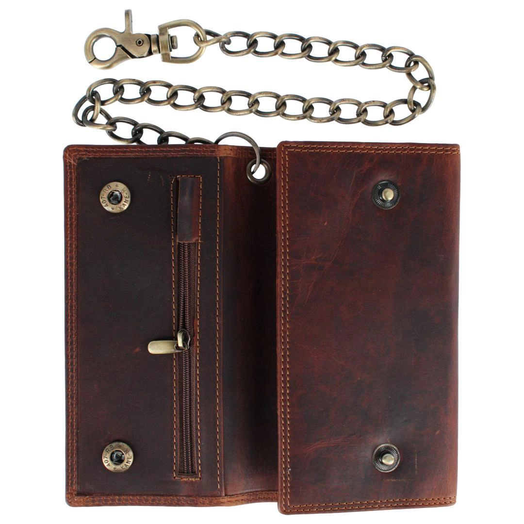 CTM Men's Crazy Horse Leather Long Trifold Checkbook Chain Wallet