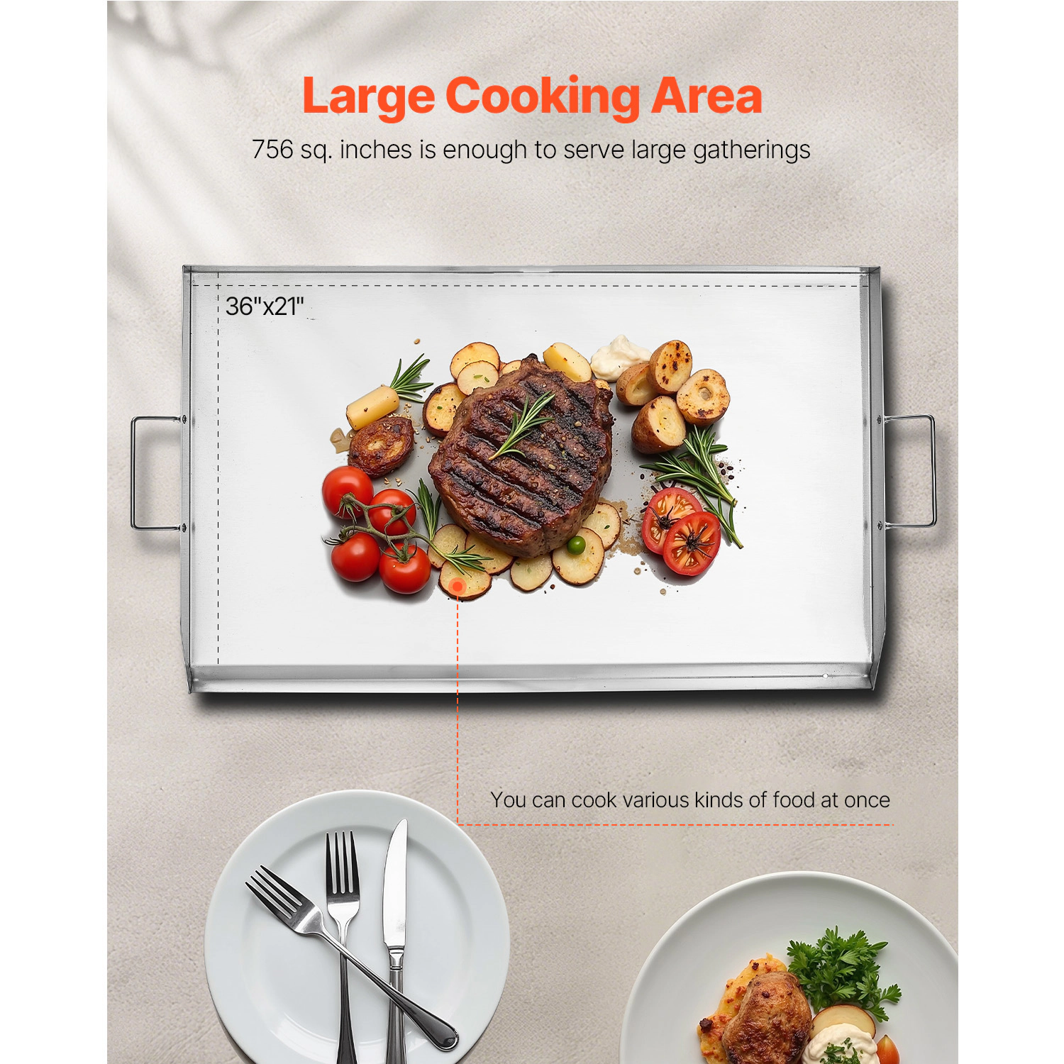 HONGGE 36 x 22 Inch Stainless Steel Flat Top Griddle, Grease Trough Grill Pan for BBQ, Teppanyaki & Camping