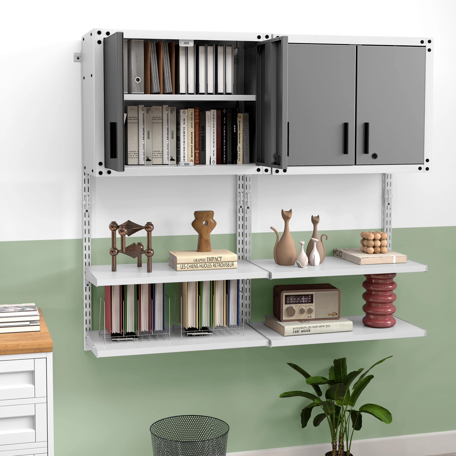 SUGIFT 2 Doors 3 Adjustable Shelves Lockable Metal Wall Cabinet 28.5-in x 14-in x 47-in 55-lb per Shelf Gray/White
