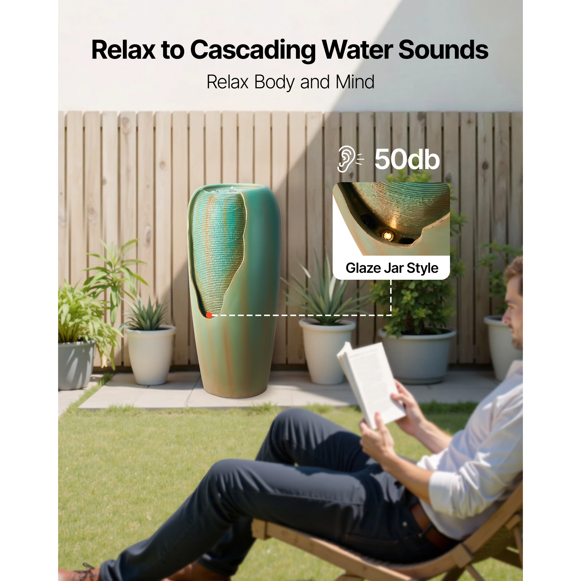 HONGGE 1-Tier Glazed Jar Outdoor Water Fountain with LED Light, 30.7 in Resin Waterfall for Garden & Patio
