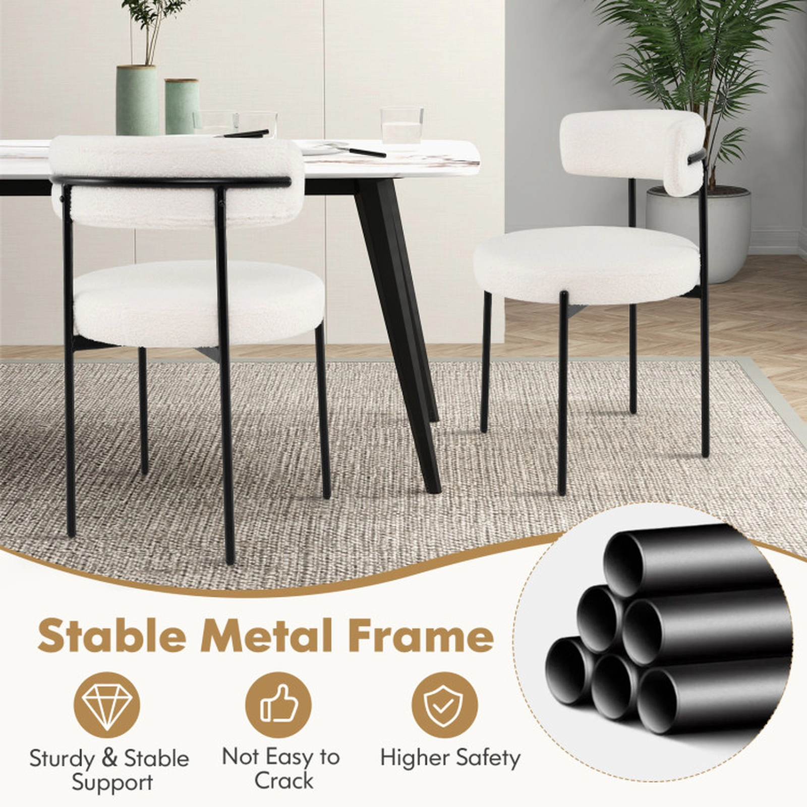 SUGIFT Curved Back Boucle Dining Chair with Metal Legs 330-lb Capacity Set of 4 White